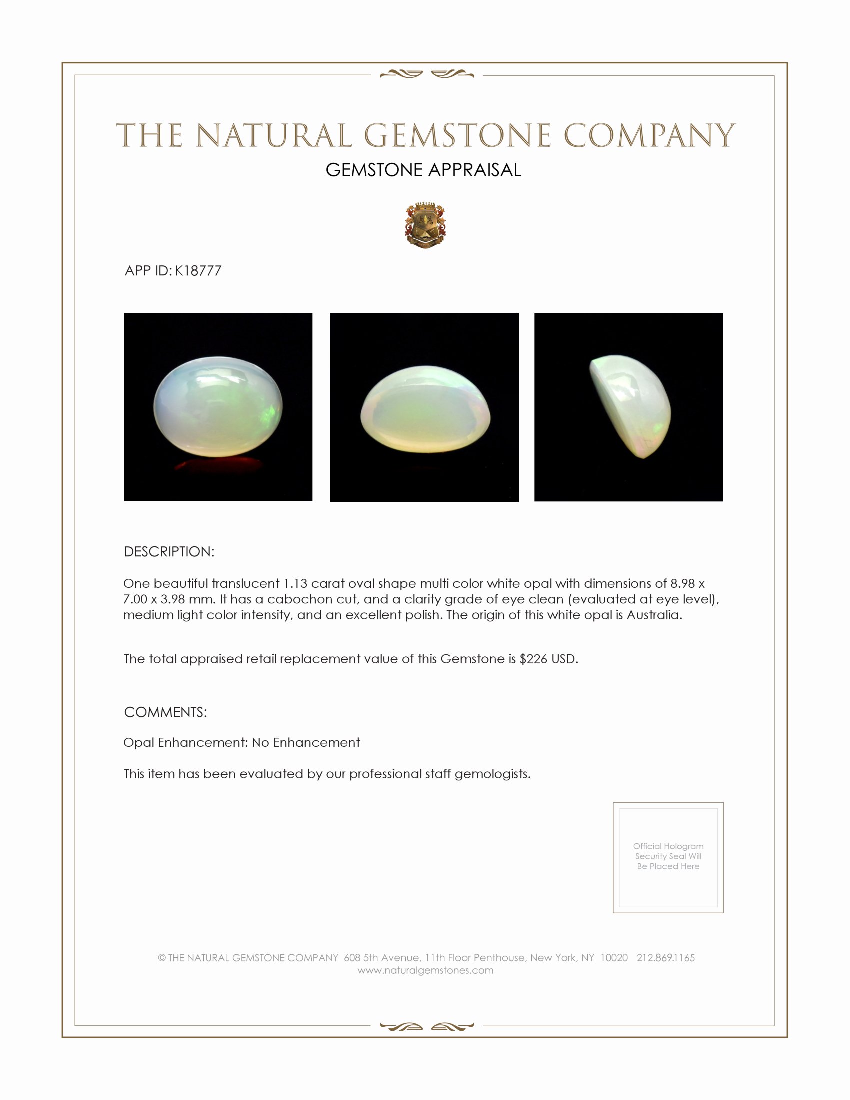 1.13 Ct. Cabochon White Opal from Australia