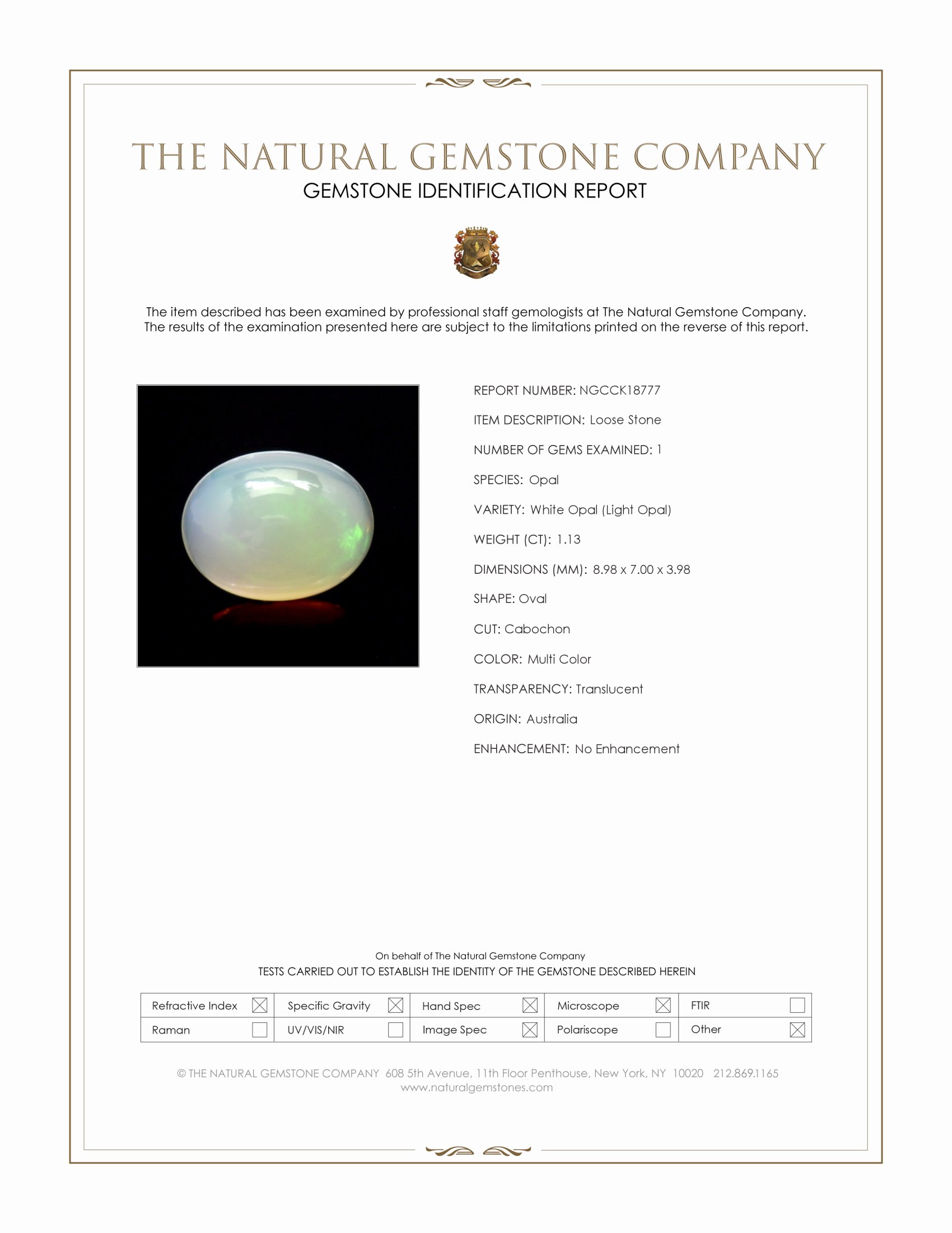 1.13 Ct. Multi Color Cabochon White Opal (Light Opal) from Australia