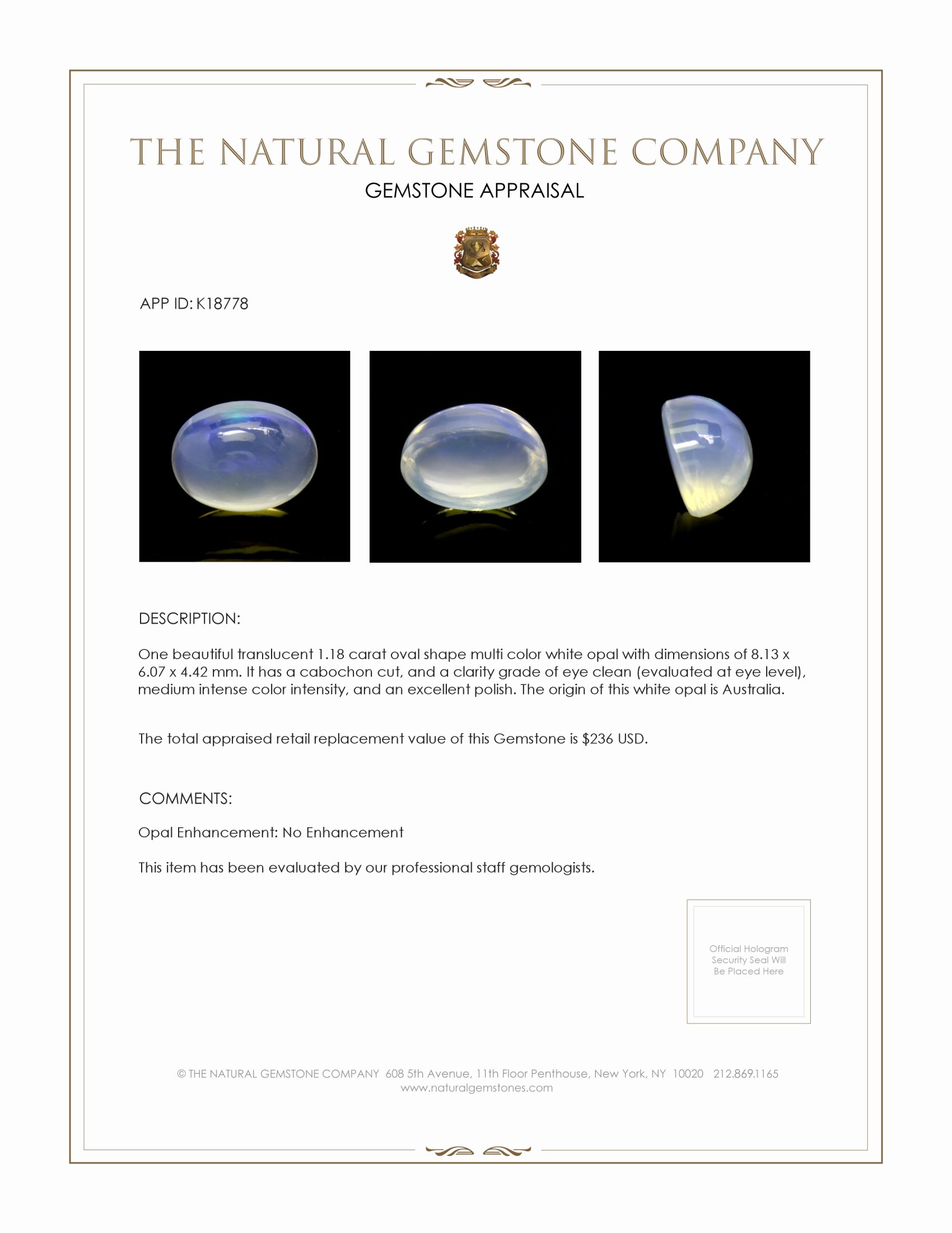 1.18 Ct. Cabochon White Opal from Australia