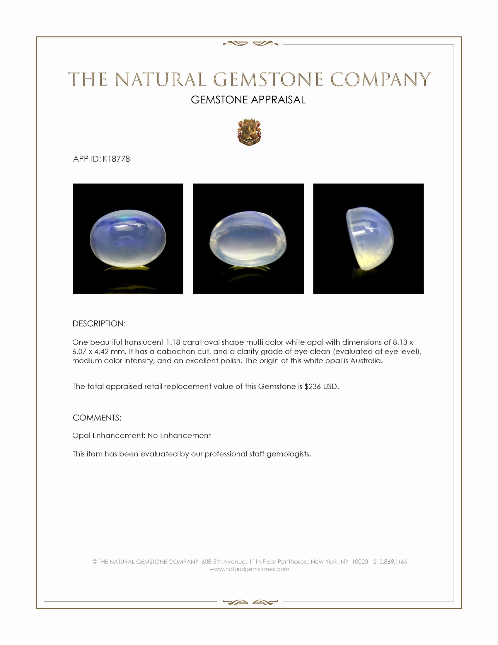 1.18 Ct. Cabochon White Opal from Australia