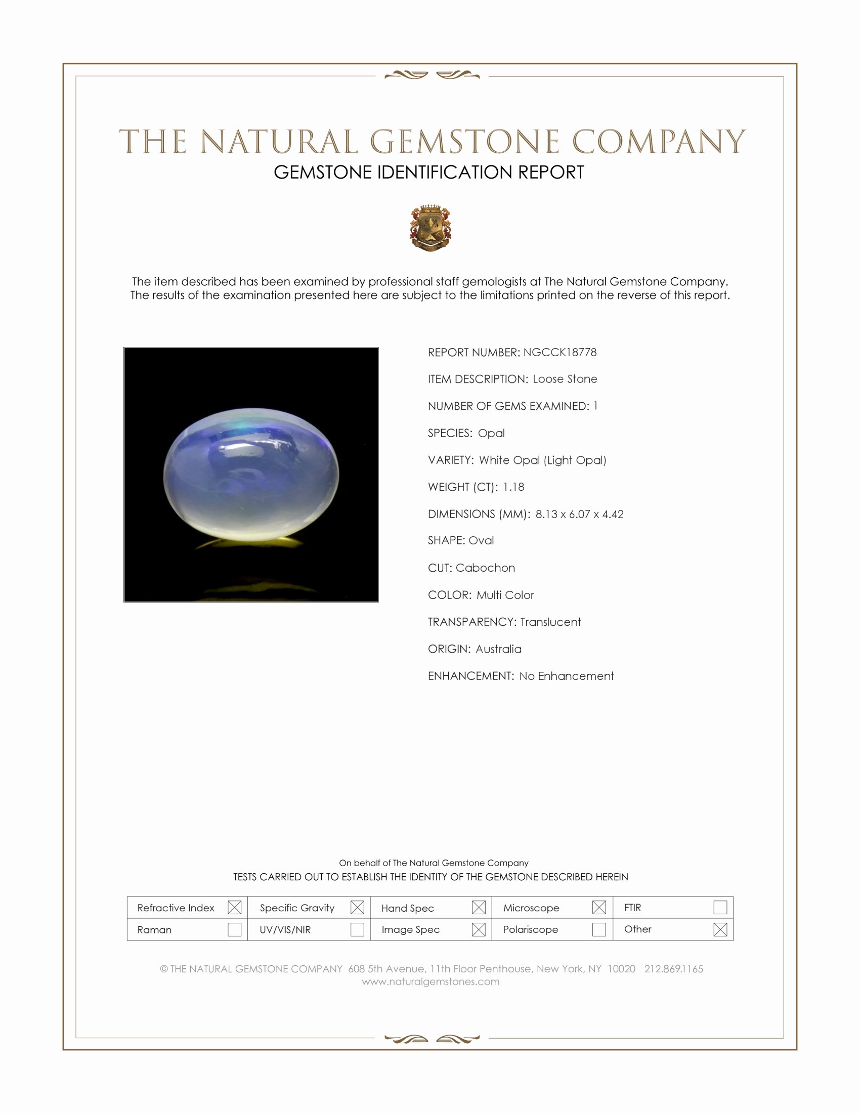 1.18 Ct. Multi Color Cabochon White Opal (Light Opal) from Australia