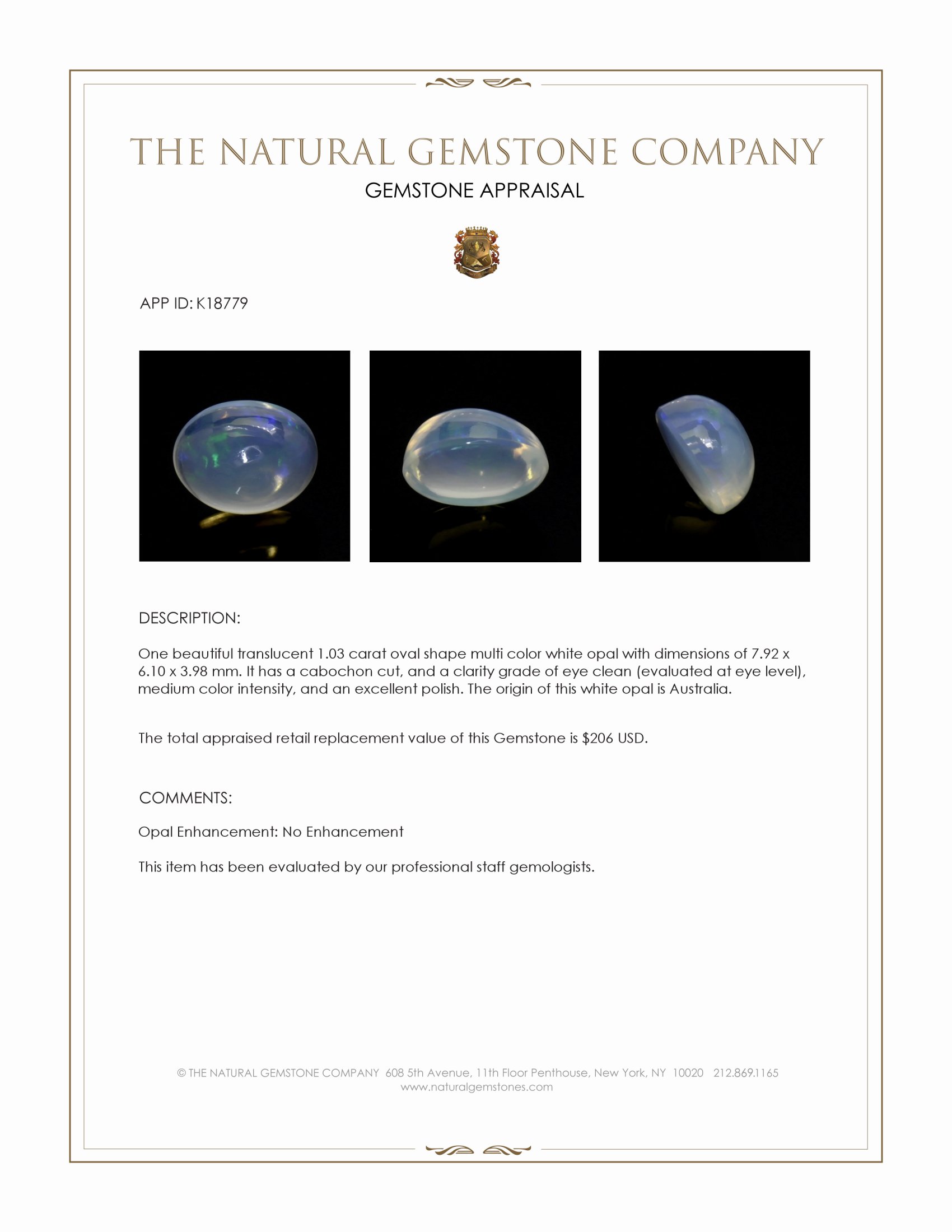 1.03 Ct. Multi Color Cabochon Crystal Opal (Jelly Opal) from Australia