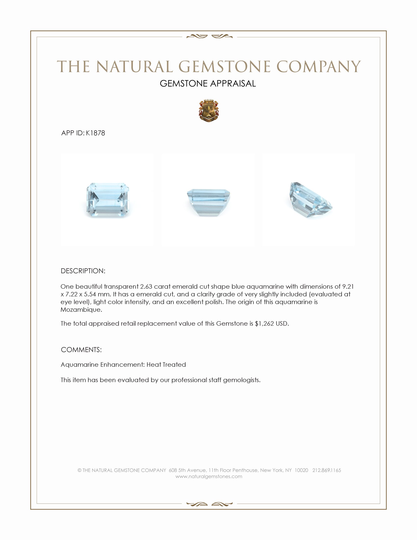 2.63 Ct. Blue Aquamarine from Mozambique