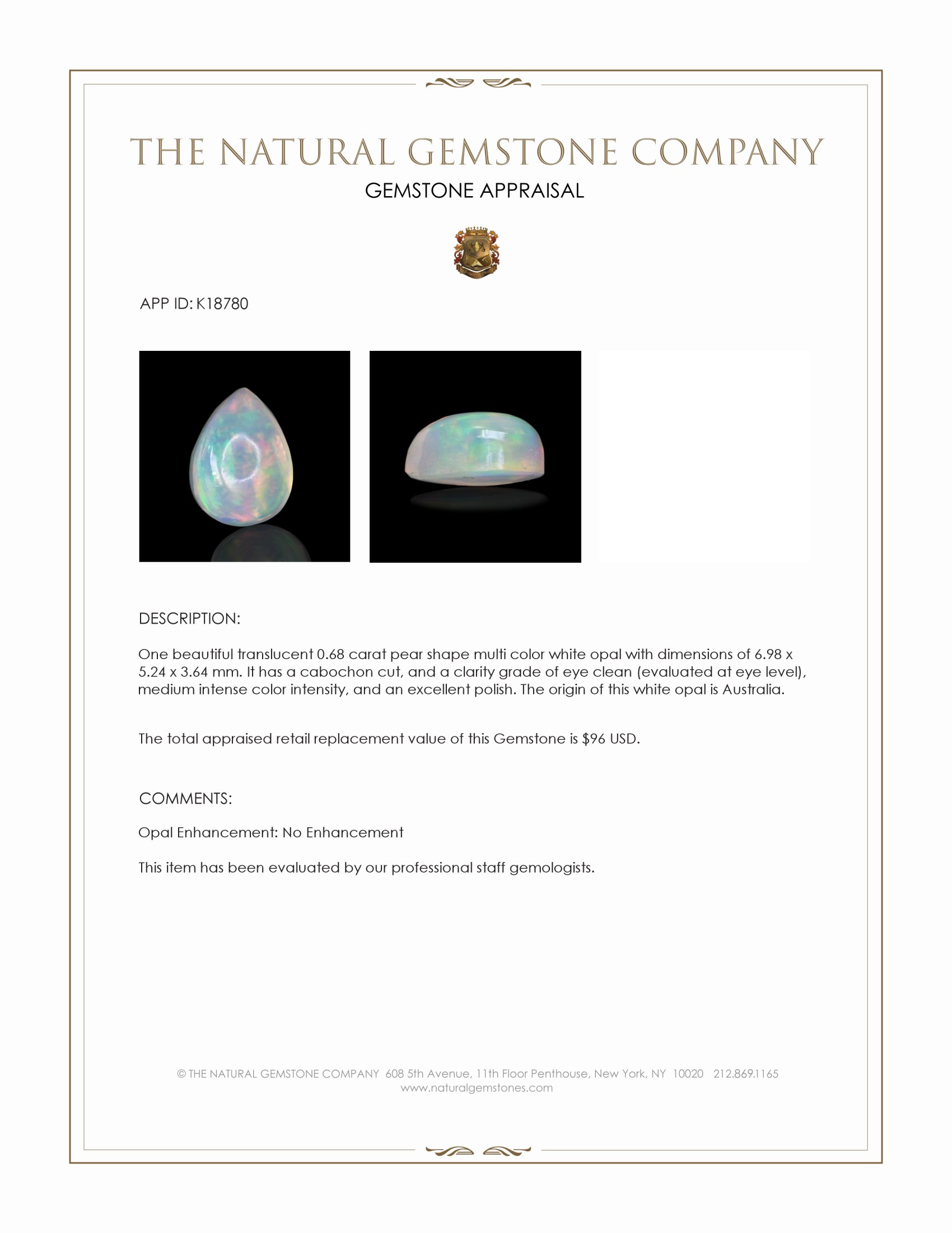 0.68 Ct. Cabochon White Opal from Australia