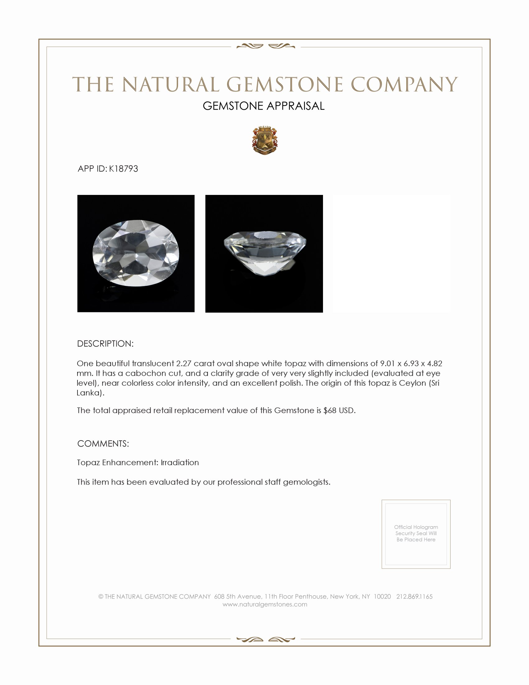 2.27 Ct. White Topaz from Ceylon (Sri Lanka)