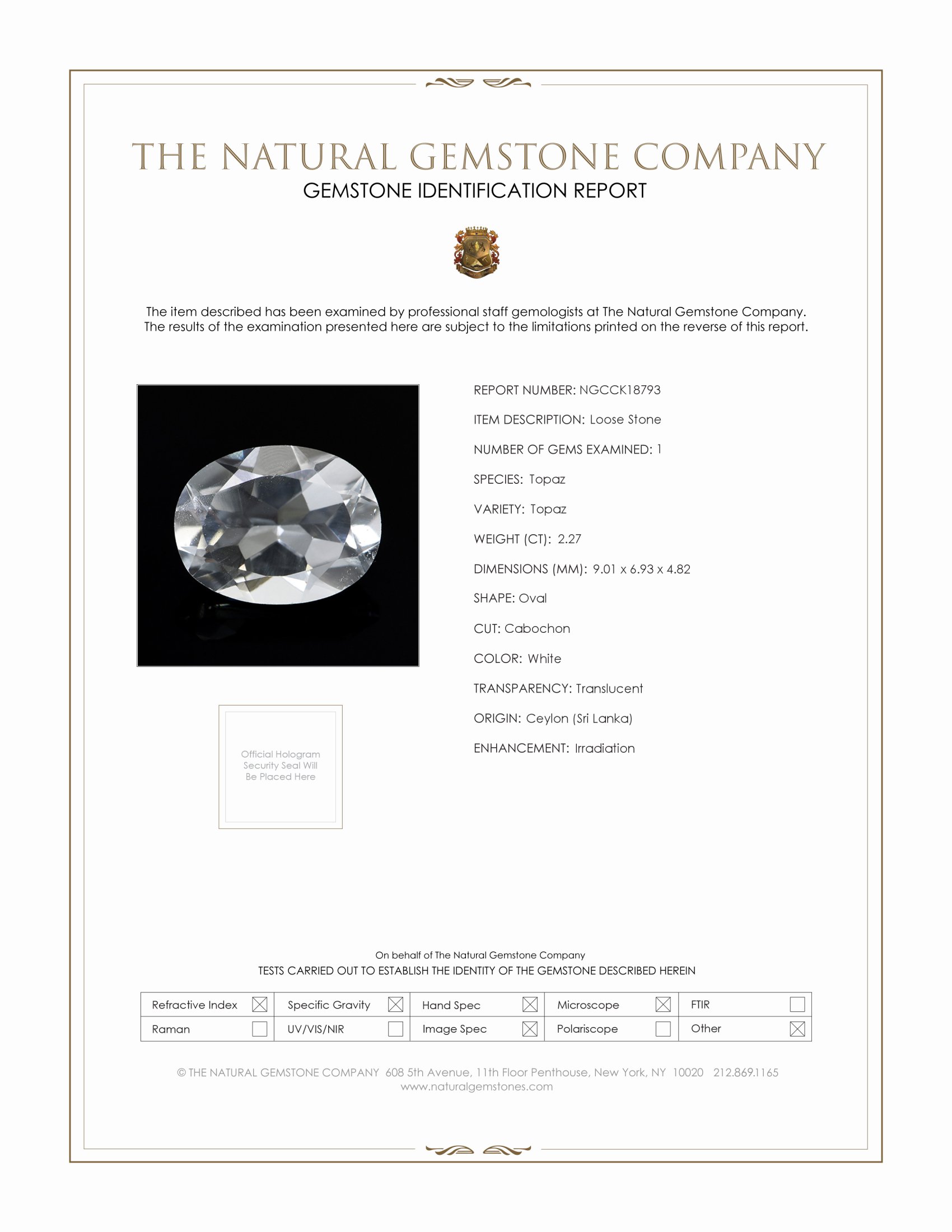 2.27 Ct. White Topaz from Ceylon (Sri Lanka)