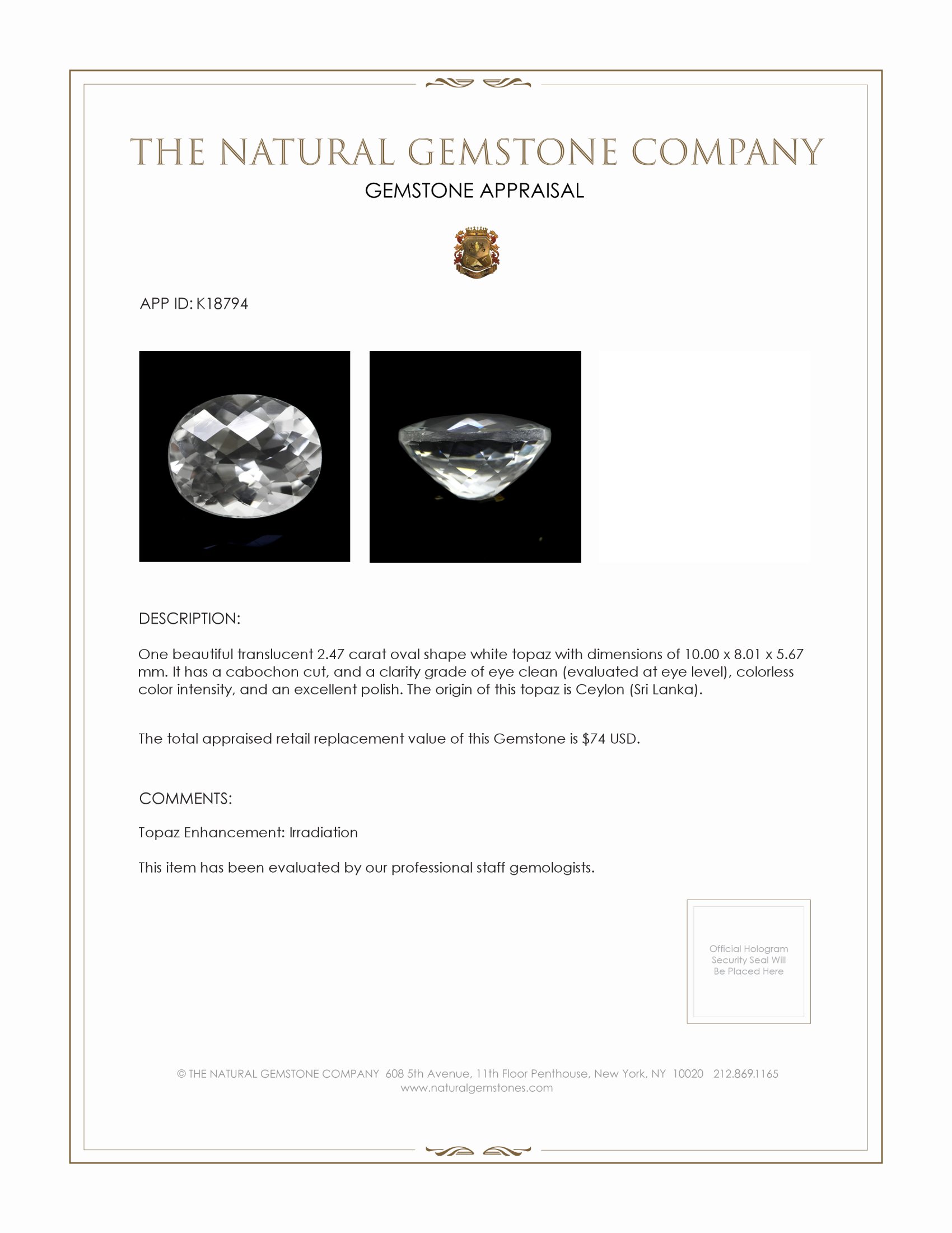 2.47 Ct. White Topaz from Ceylon (Sri Lanka)