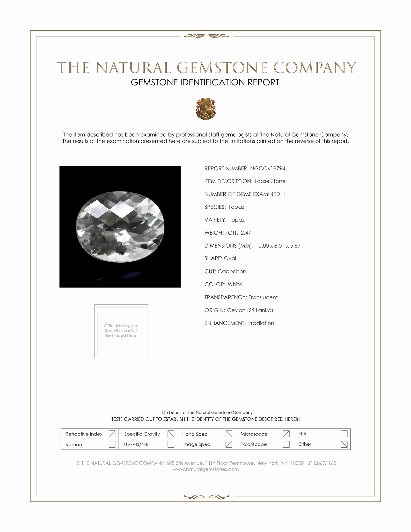 2.47 Ct. White Topaz from Ceylon (Sri Lanka)