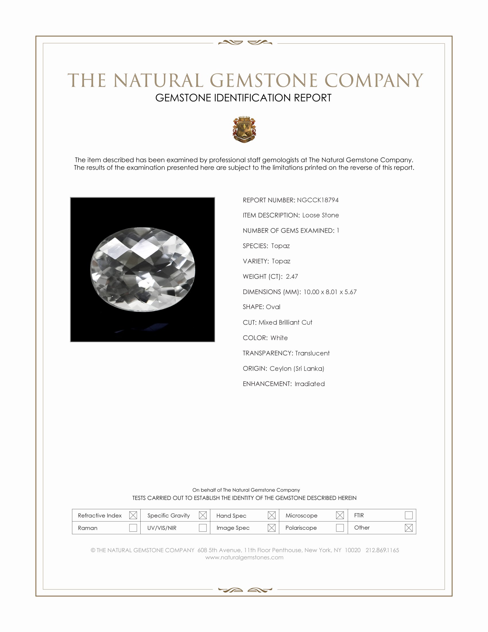 2.47 Ct. White Topaz from Ceylon (Sri Lanka)