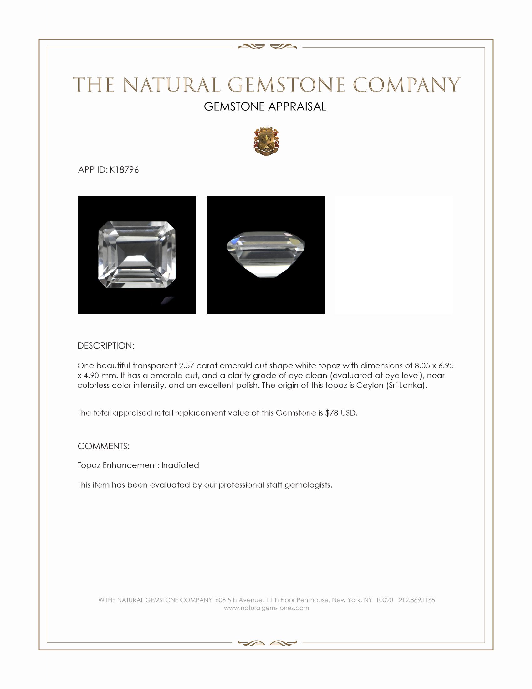 2.57 Ct. White Topaz from Ceylon (Sri Lanka)