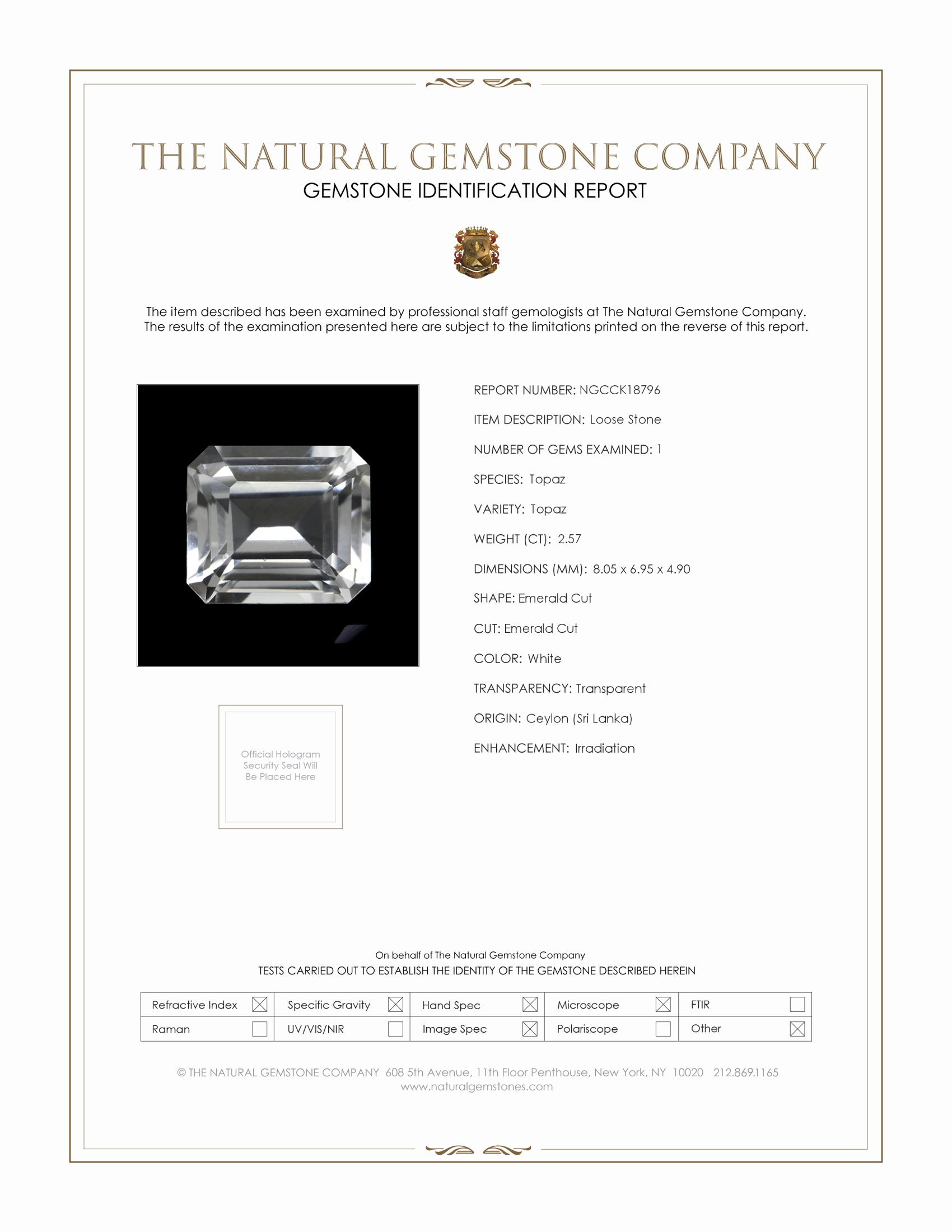 2.57 Ct. White Topaz from Ceylon (Sri Lanka)