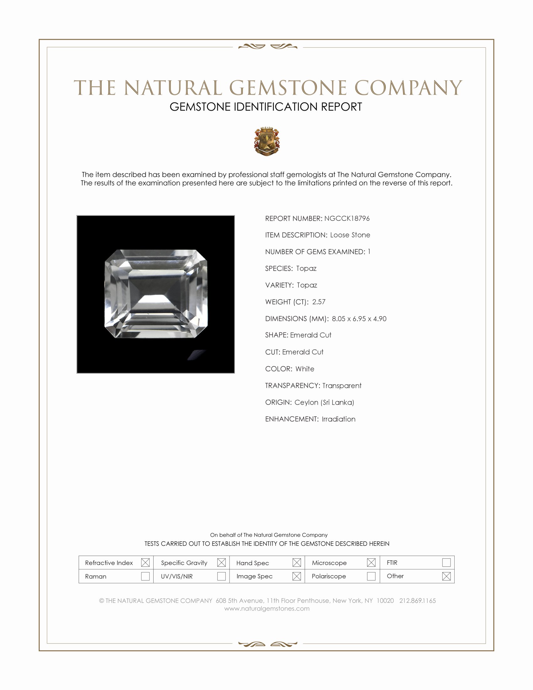 2.57 Ct. White Topaz from Ceylon (Sri Lanka)