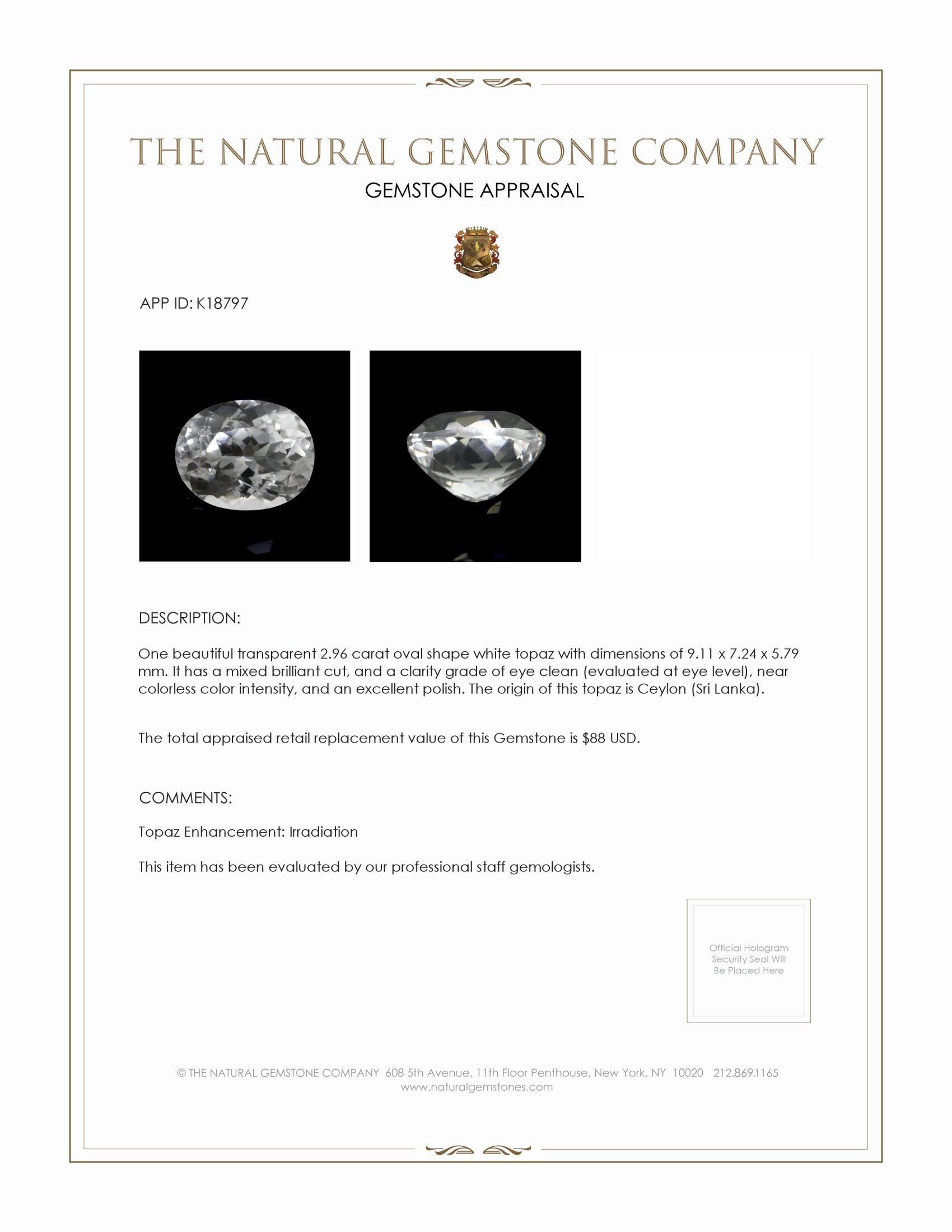2.96 Ct. White Topaz from Ceylon (Sri Lanka)