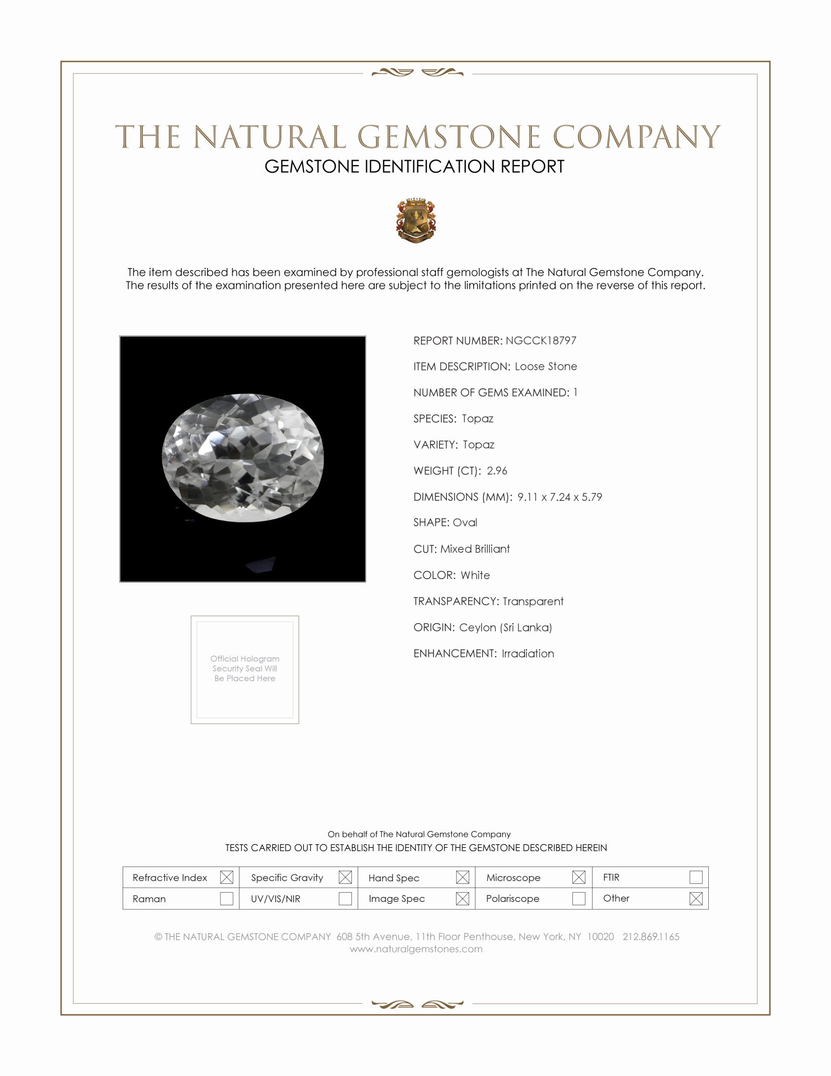 2.96 Ct. White Topaz from Ceylon (Sri Lanka)
