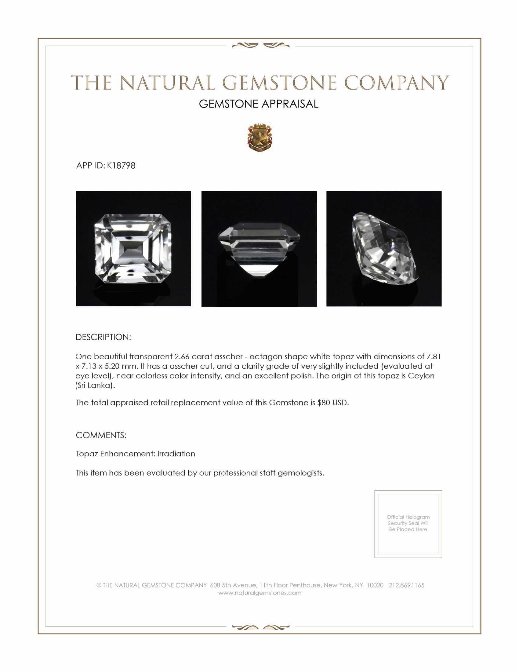 2.66 Ct. White Topaz from Ceylon (Sri Lanka)