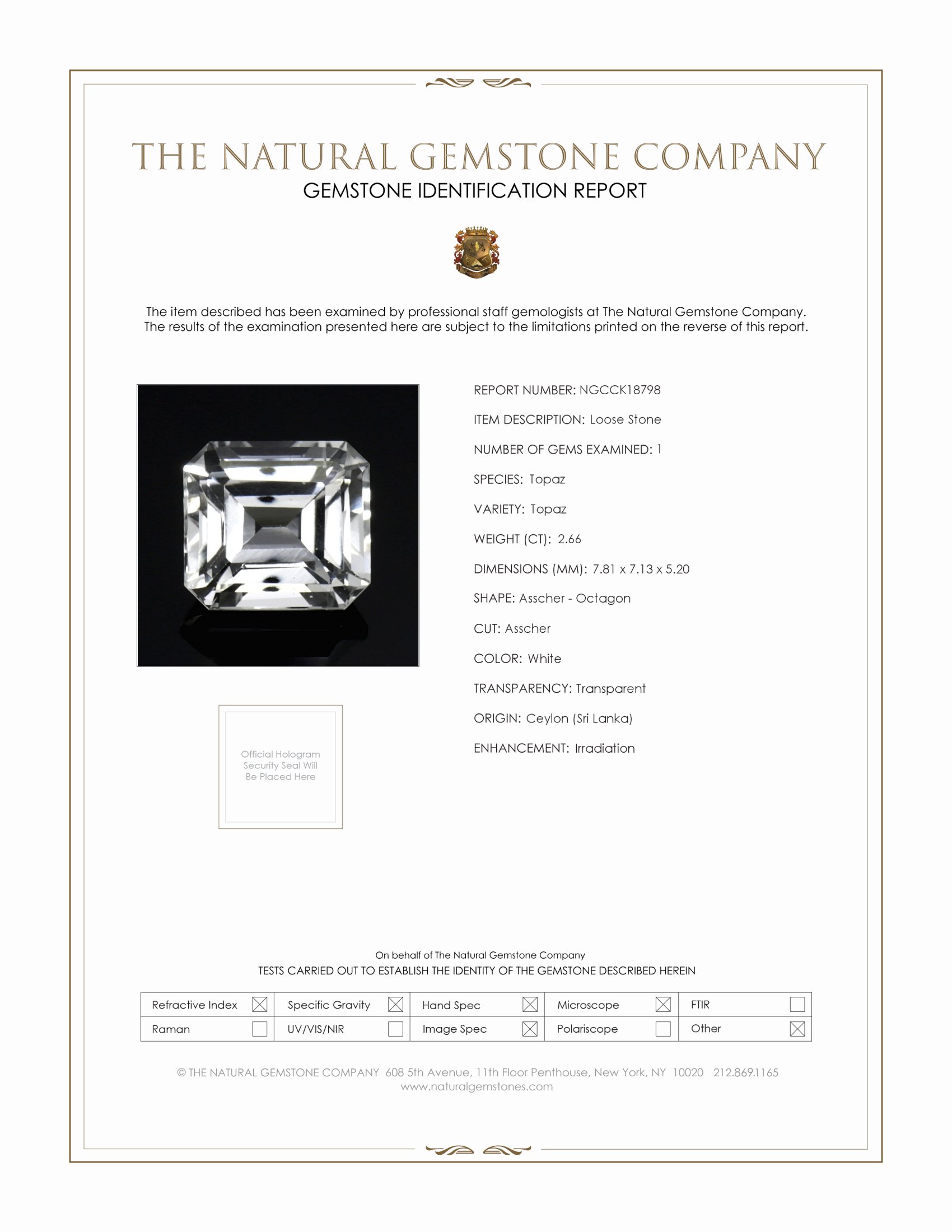 2.66 Ct. White Topaz from Ceylon (Sri Lanka)