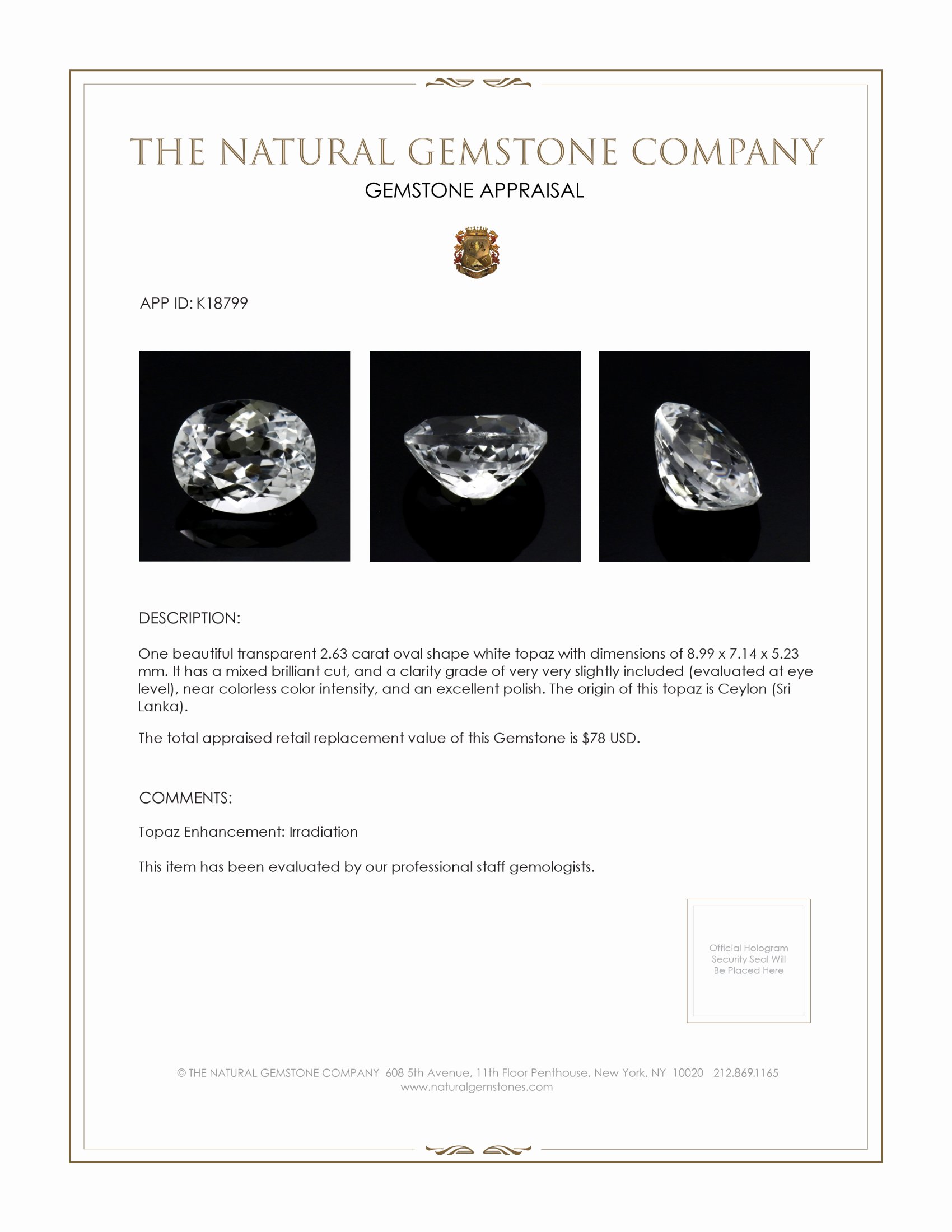 2.63 Ct. White Topaz from Ceylon (Sri Lanka)