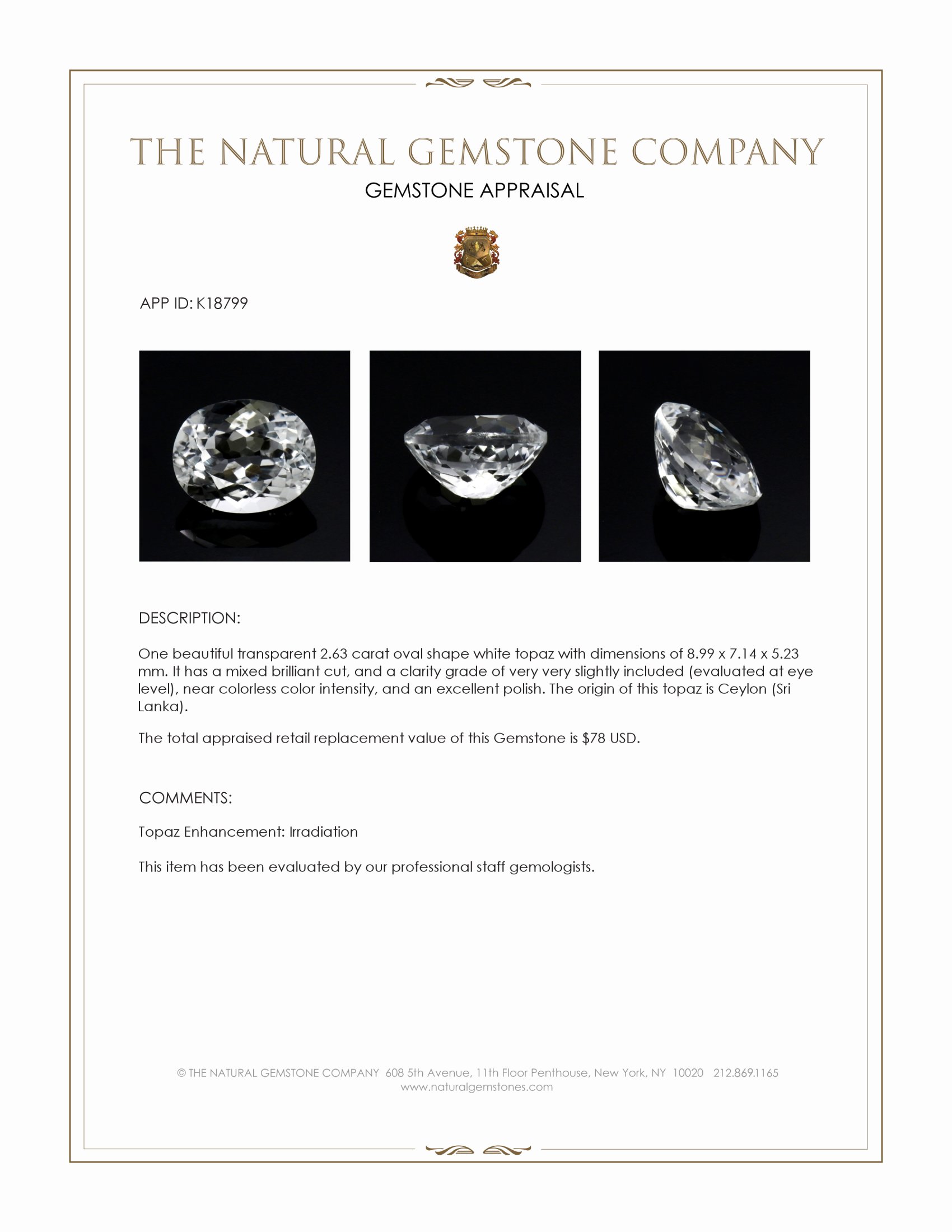 2.63 Ct. Topaz from Ceylon (Sri Lanka)