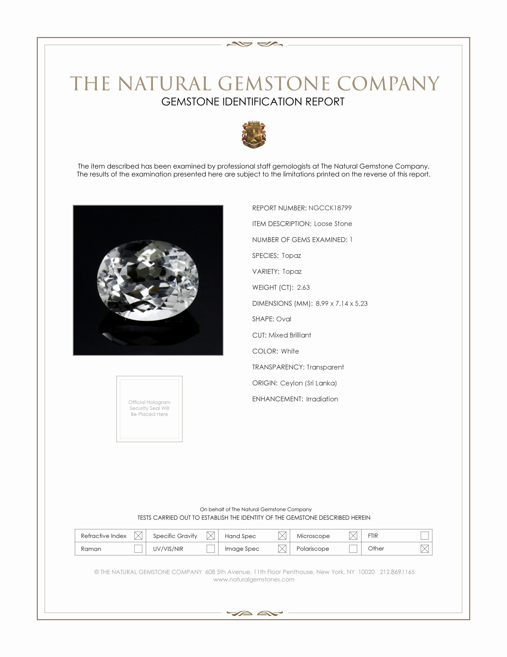 2.63 Ct. White Topaz from Ceylon (Sri Lanka)