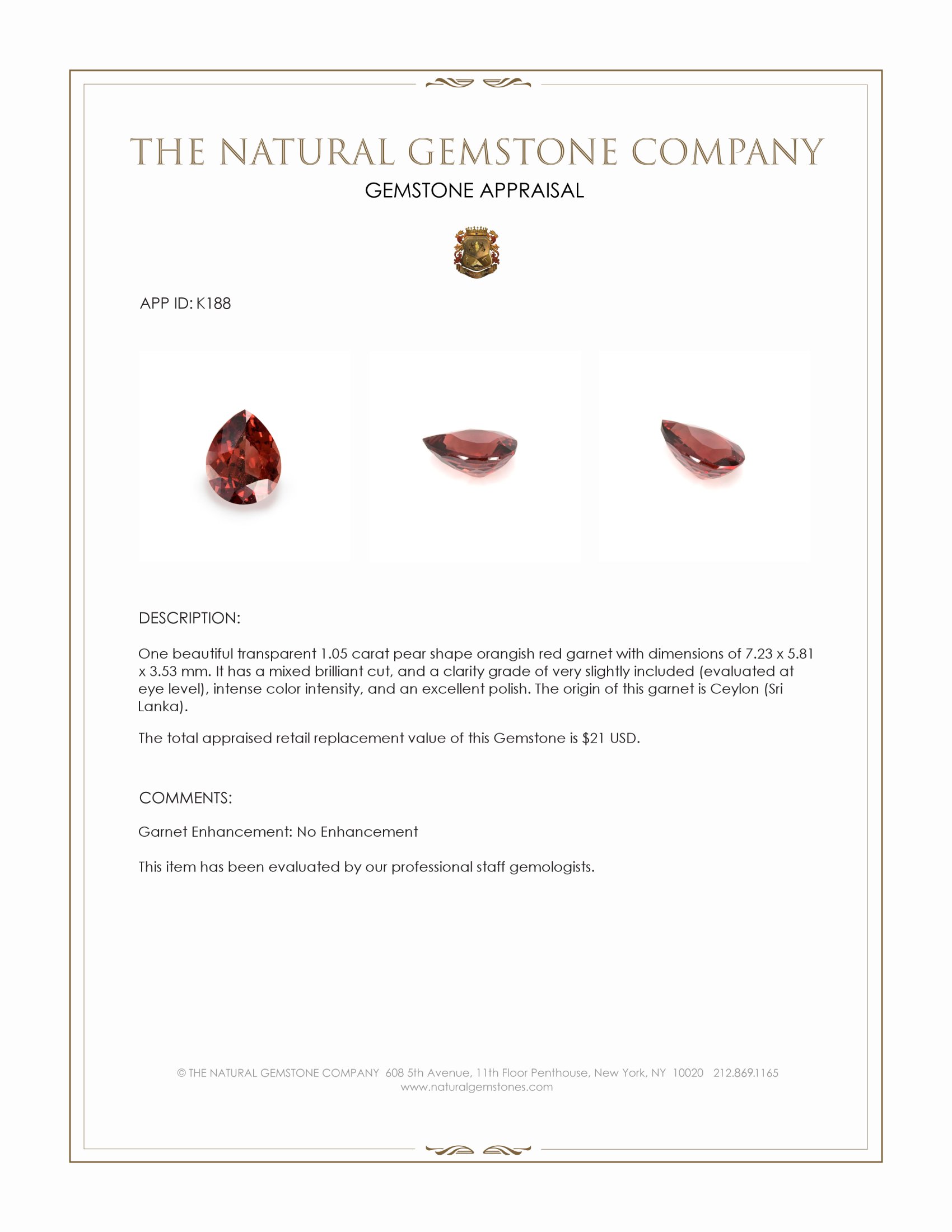 1.05 Ct. Garnet from Ceylon (Sri Lanka)