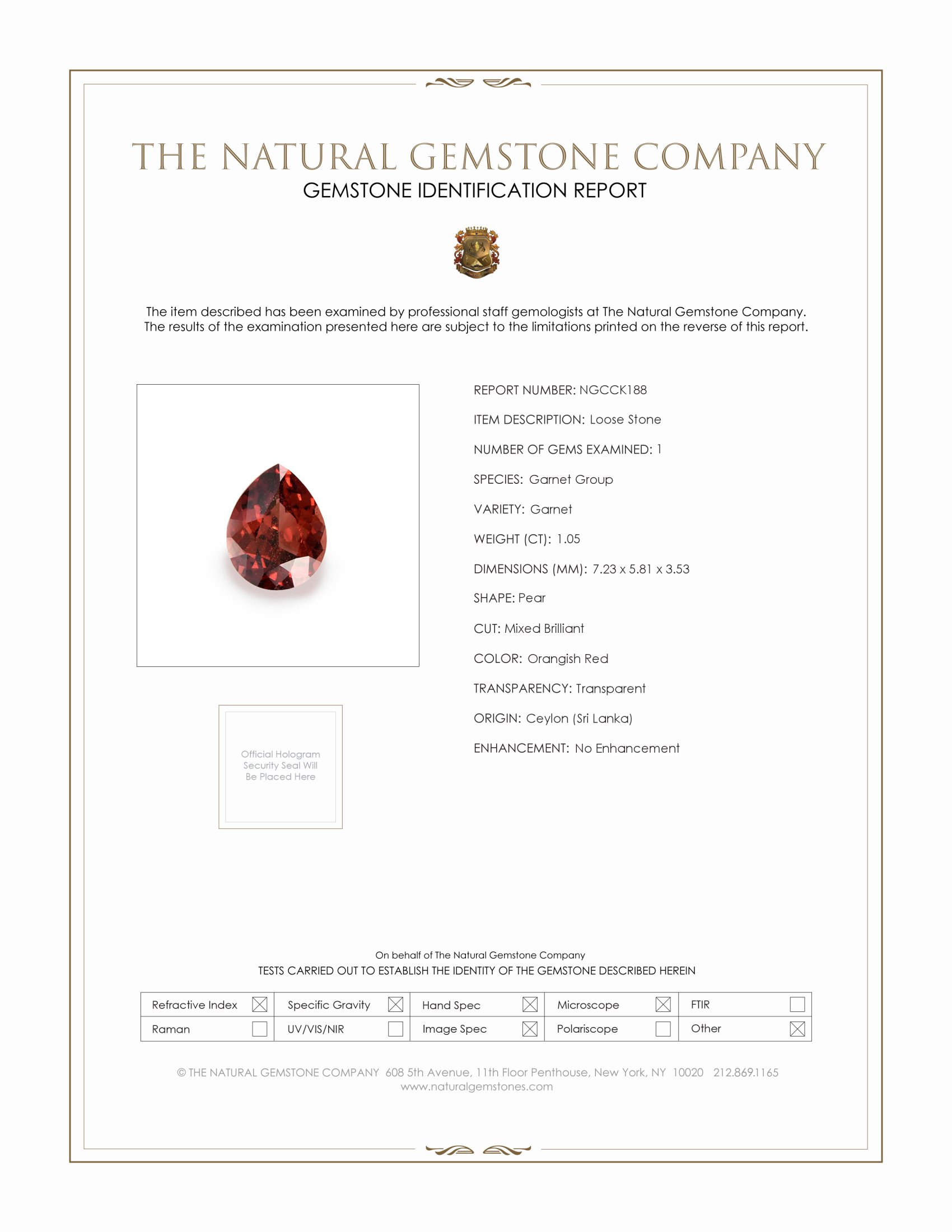1.05 Ct. Garnet from Ceylon (Sri Lanka)