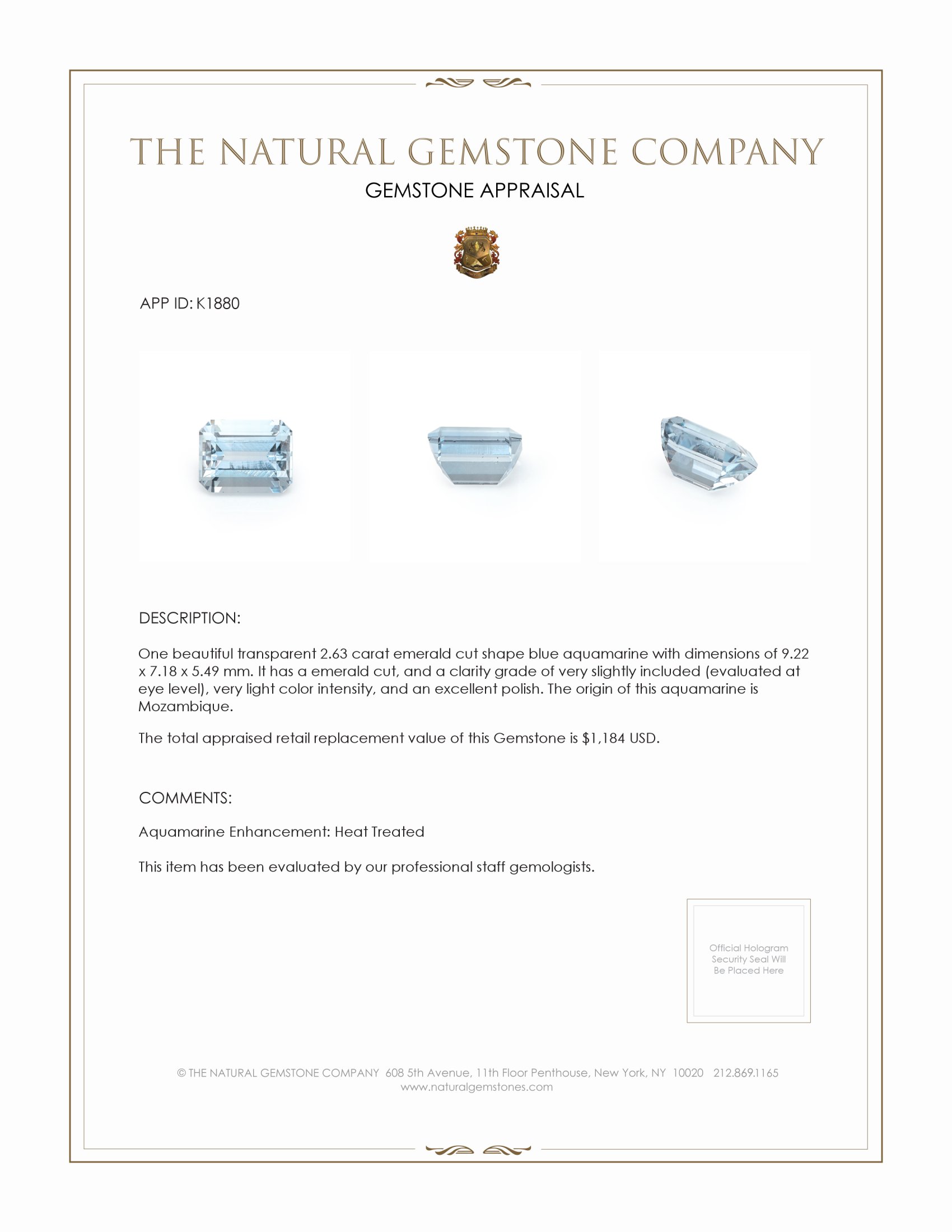 2.63 Ct. Aquamarine from Mozambique