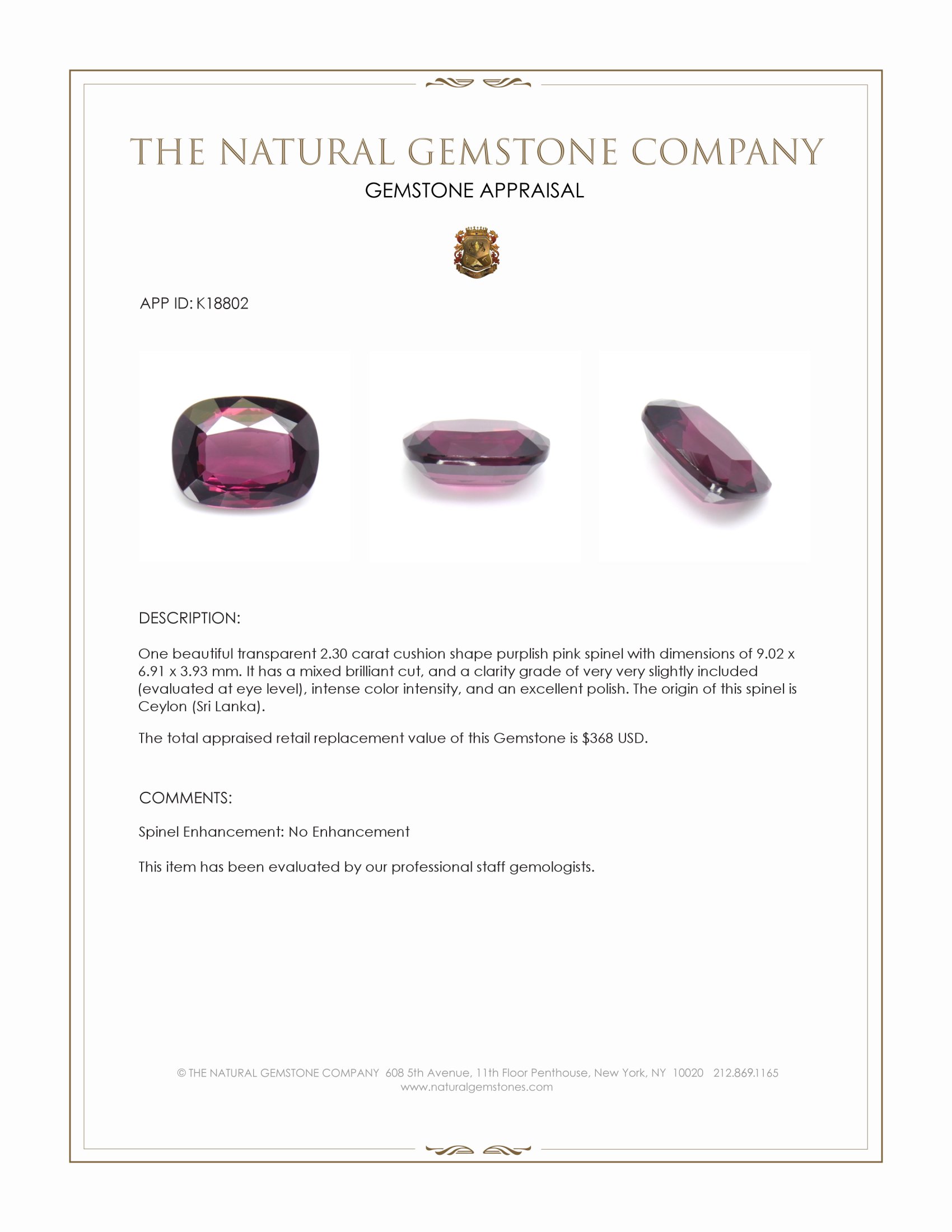2.30 Ct. Purplish Pink Spinel from Ceylon (Sri Lanka)