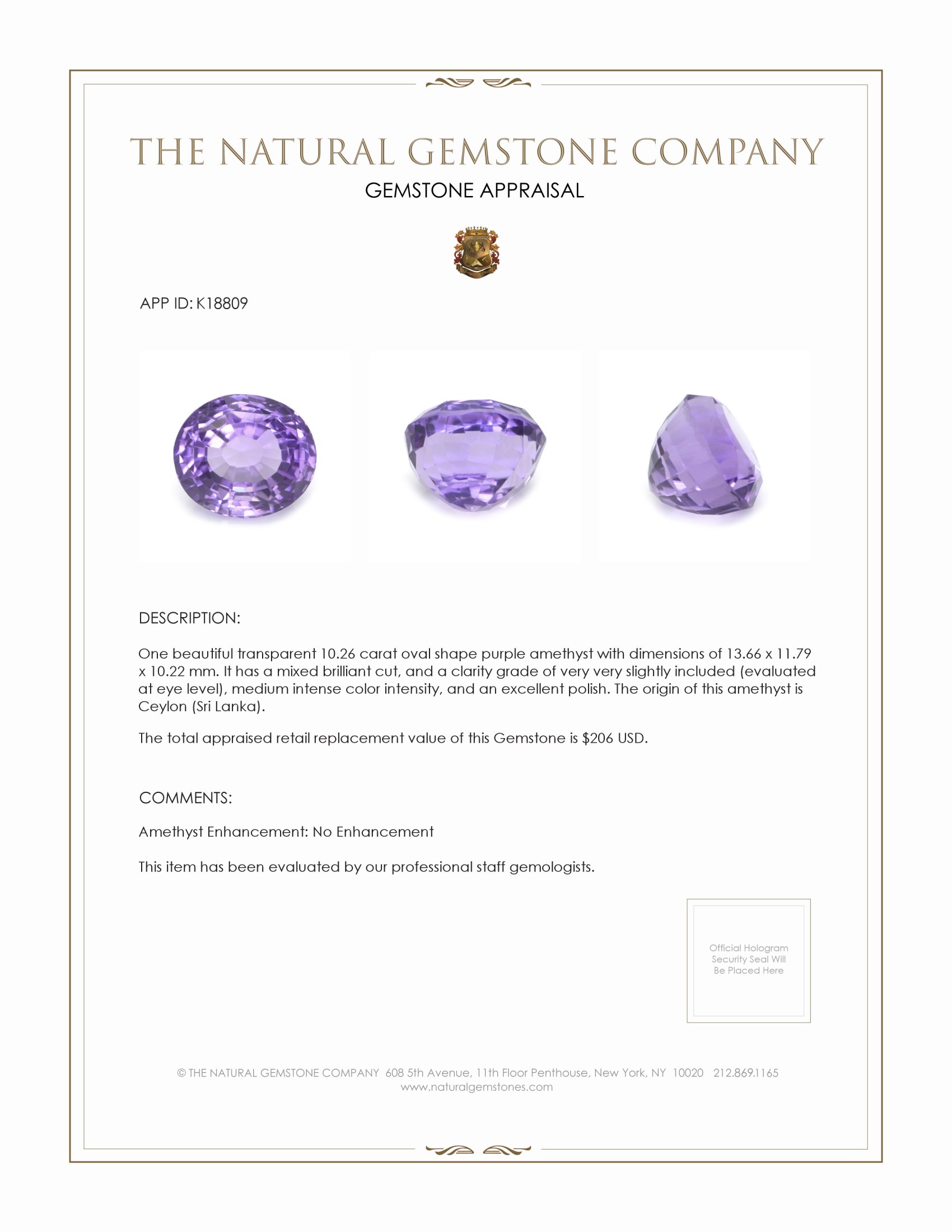 10.26 Ct. Purple Amethyst from Ceylon (Sri Lanka)