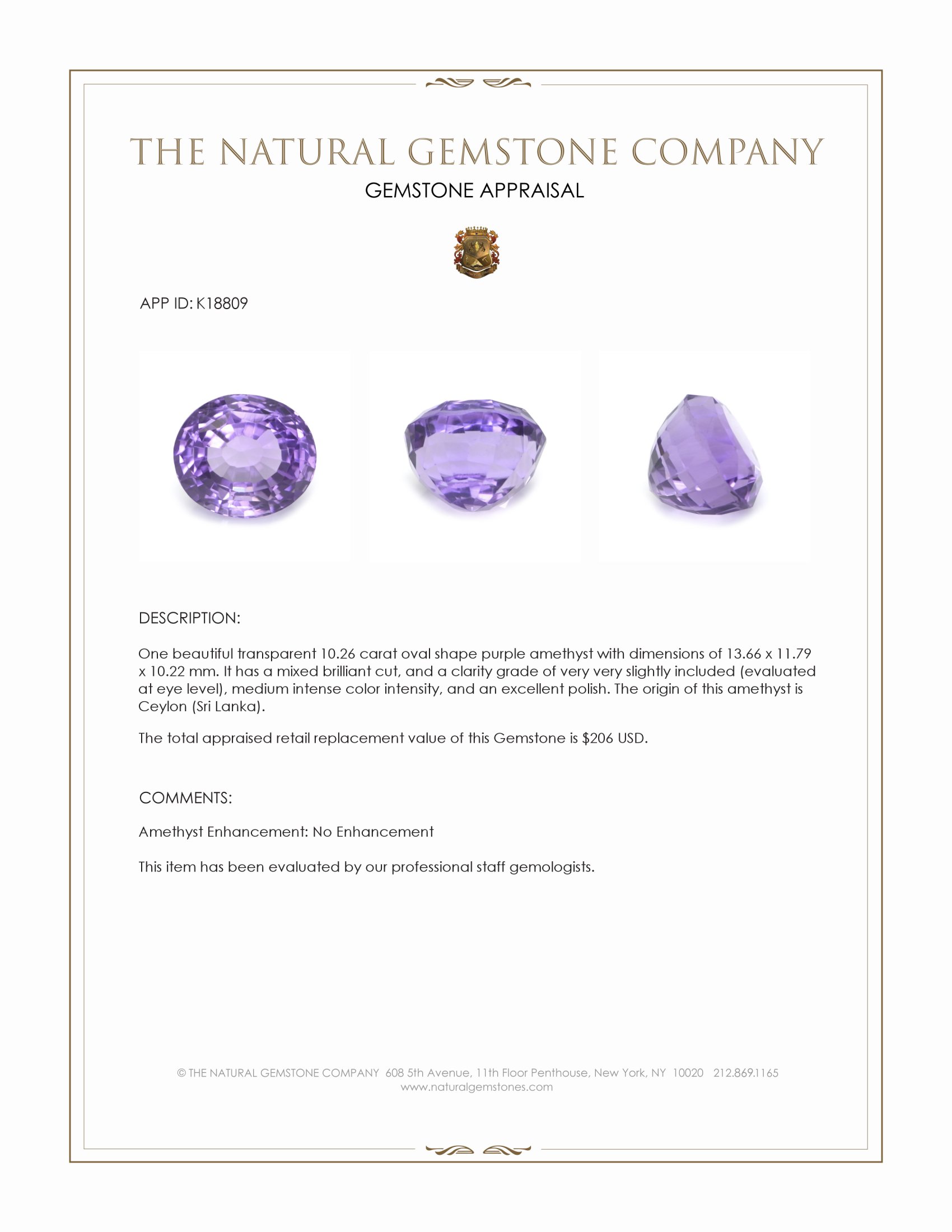 10.26 Ct. Amethyst from Ceylon (Sri Lanka)