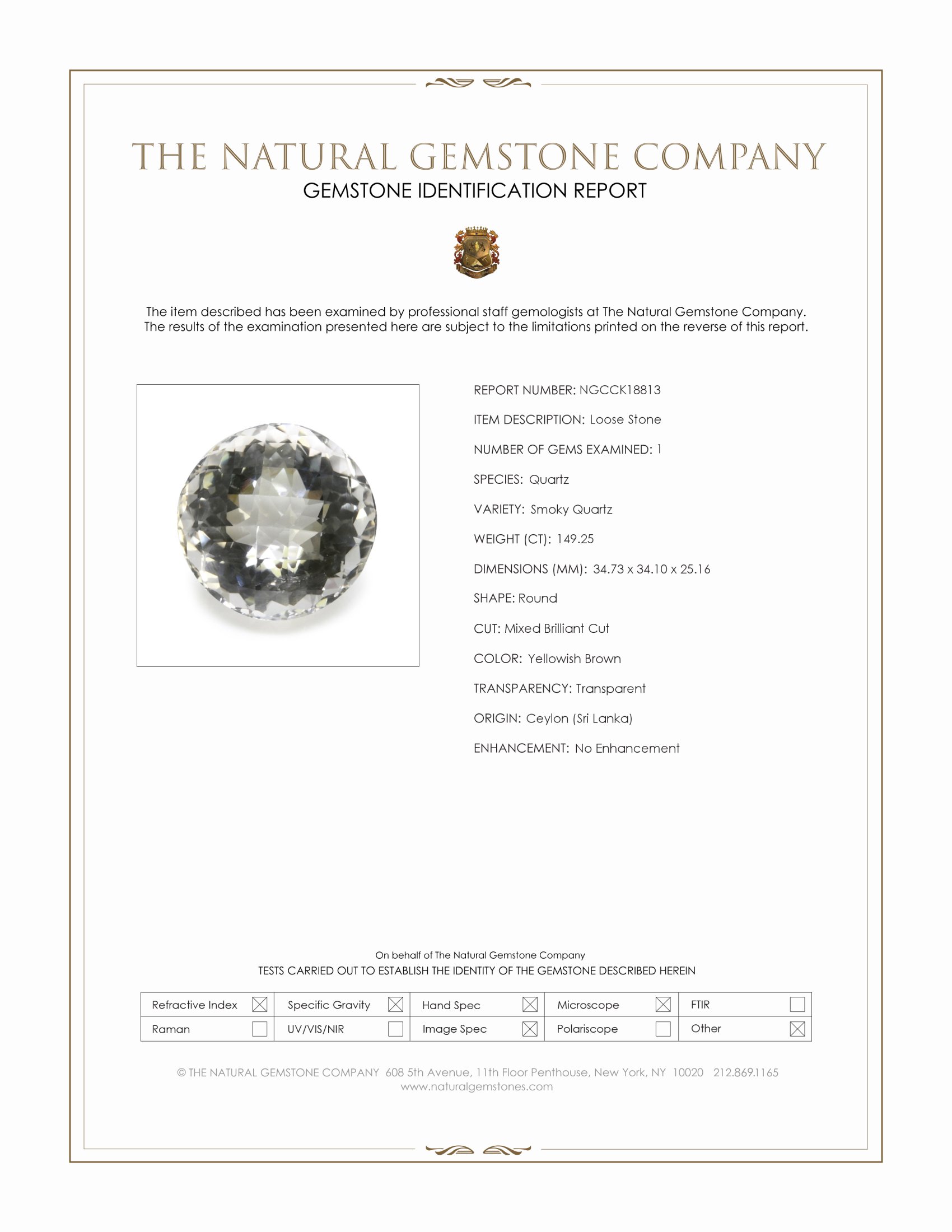 149.25 Ct. Yellowish Brown Smoky Quartz from Ceylon (Sri Lanka)