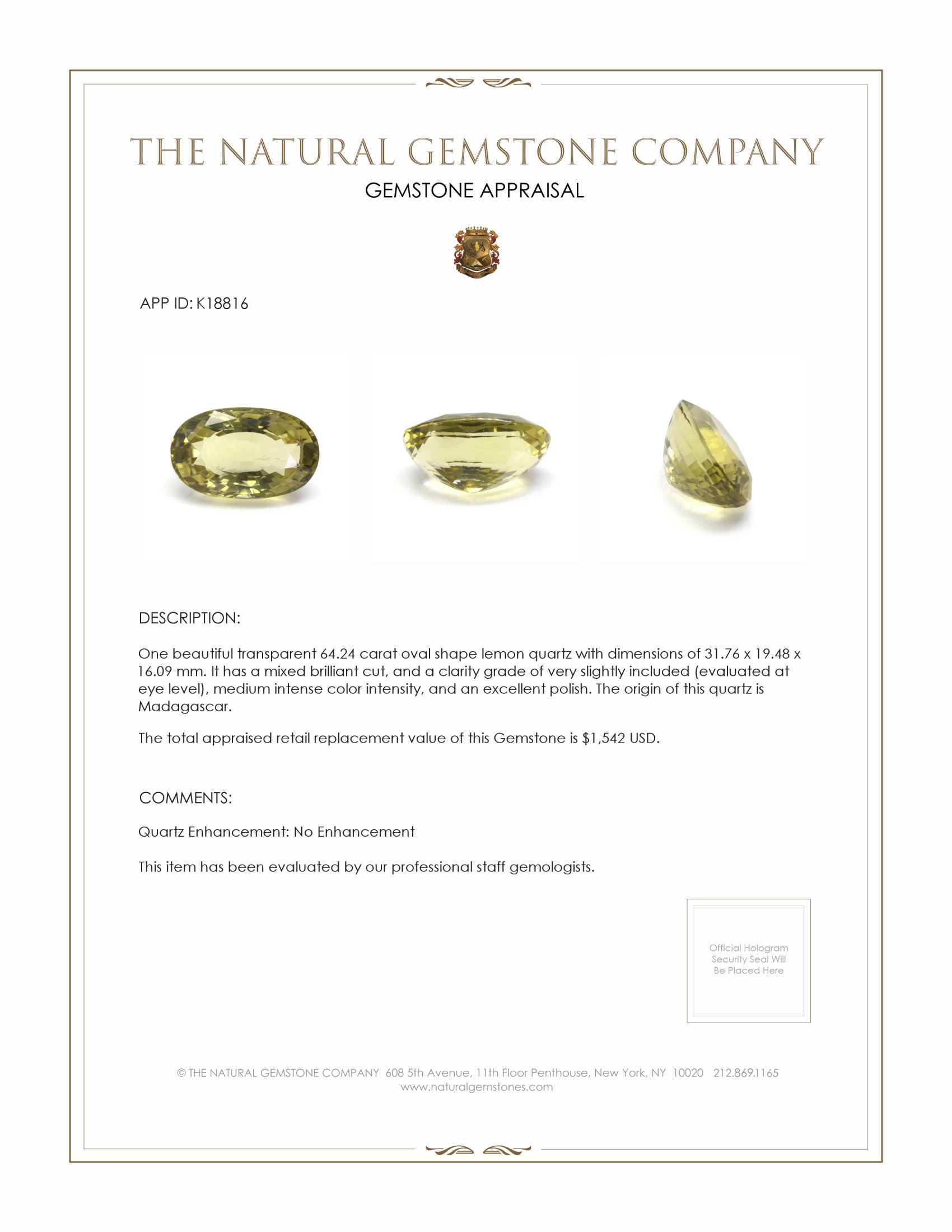 64.24 Ct. Quartz from Madagascar