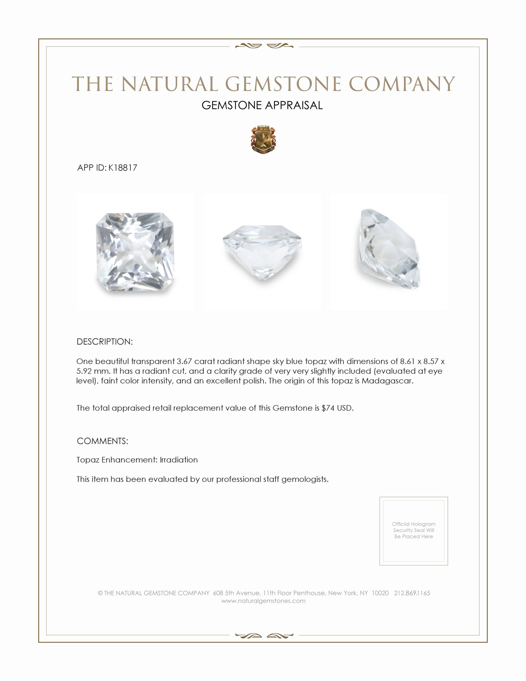 3.67 Ct. Sky Blue Topaz from Madagascar
