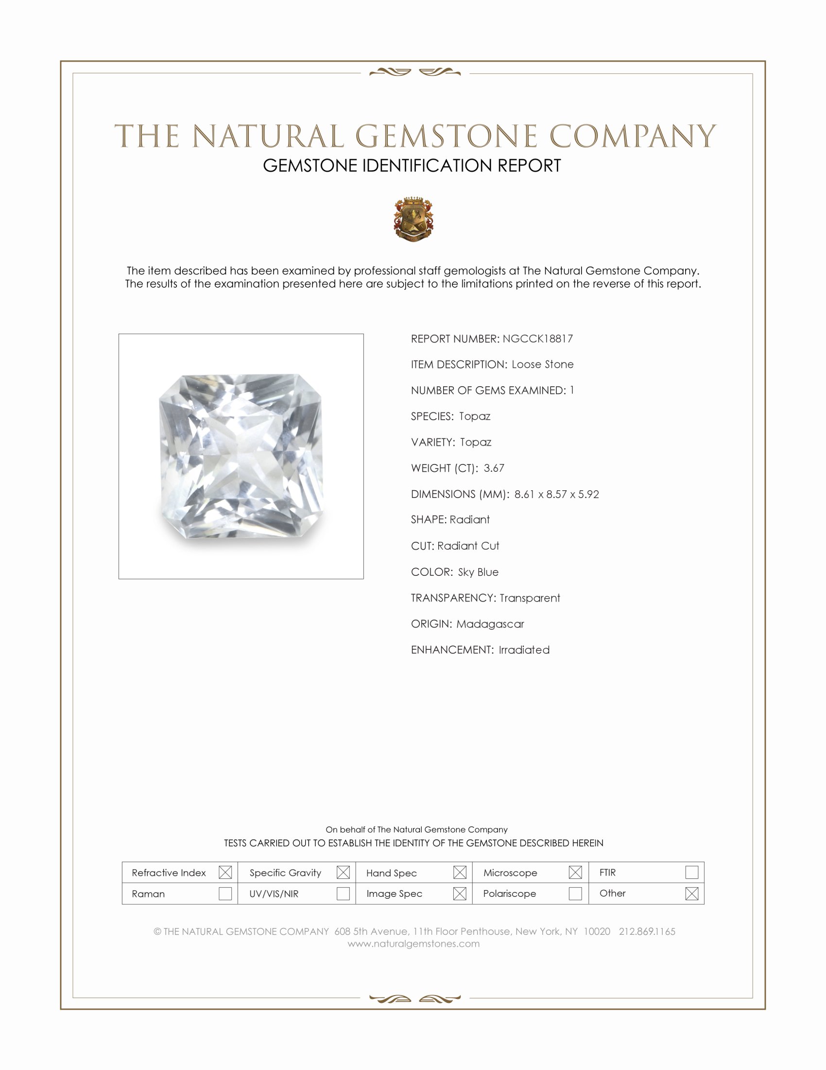 3.67 Ct. Sky Blue Topaz from Madagascar
