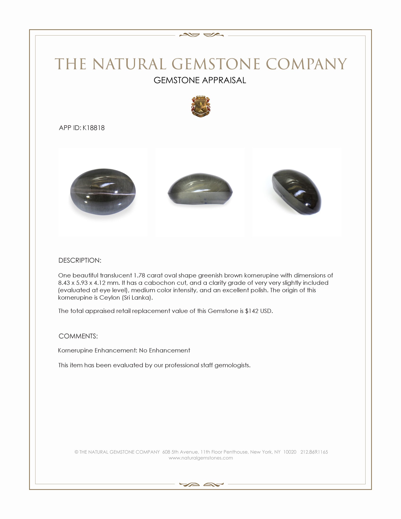 1.78 Ct. Greenish Brown Cabochon Cat’s Eye Kornerupine from Ceylon (Sri Lanka)