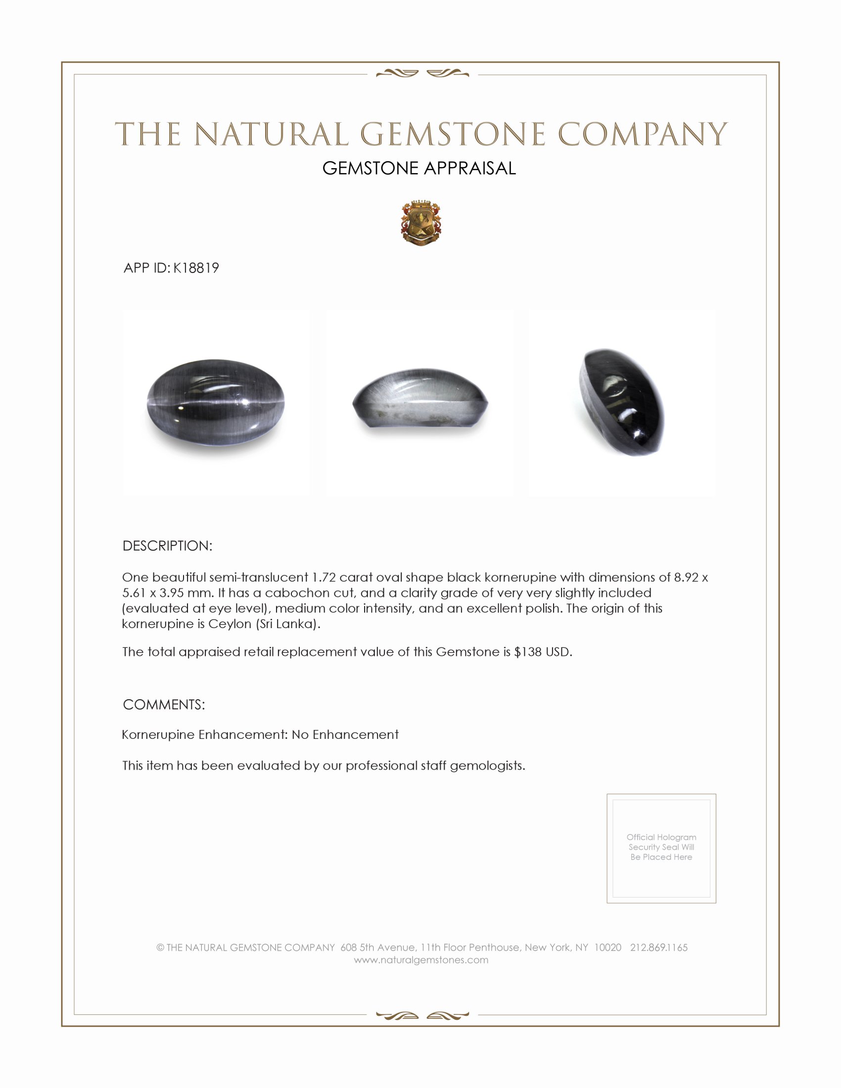 1.72 Ct. Cabochon Kornerupine from Ceylon (Sri Lanka)