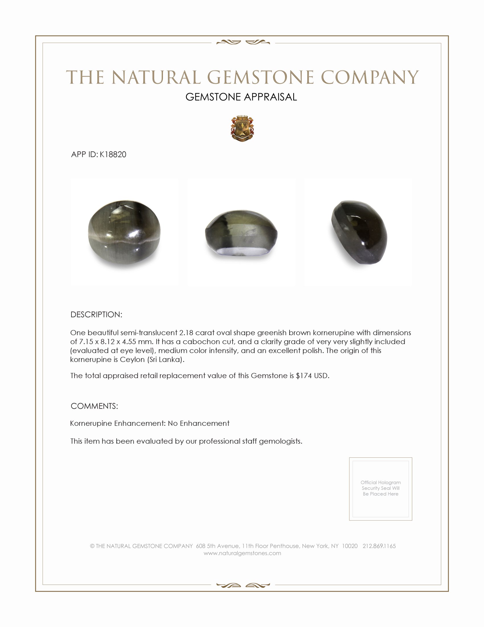 2.18 Ct. Greenish Brown Cabochon Kornerupine from Ceylon (Sri Lanka)