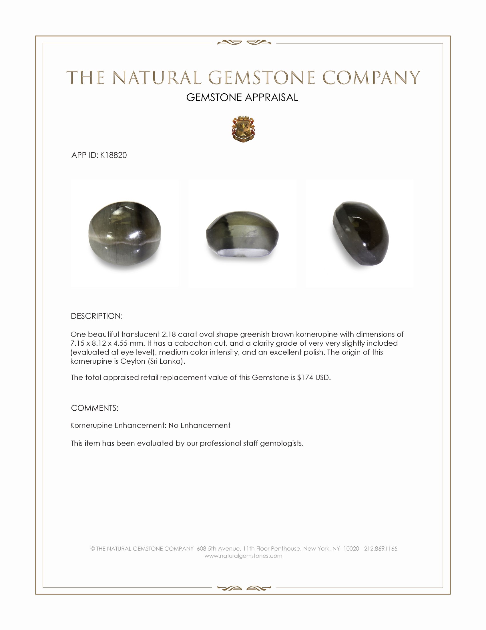 2.18 Ct. Greenish Brown Cabochon Cat’s Eye Kornerupine from Ceylon (Sri Lanka)
