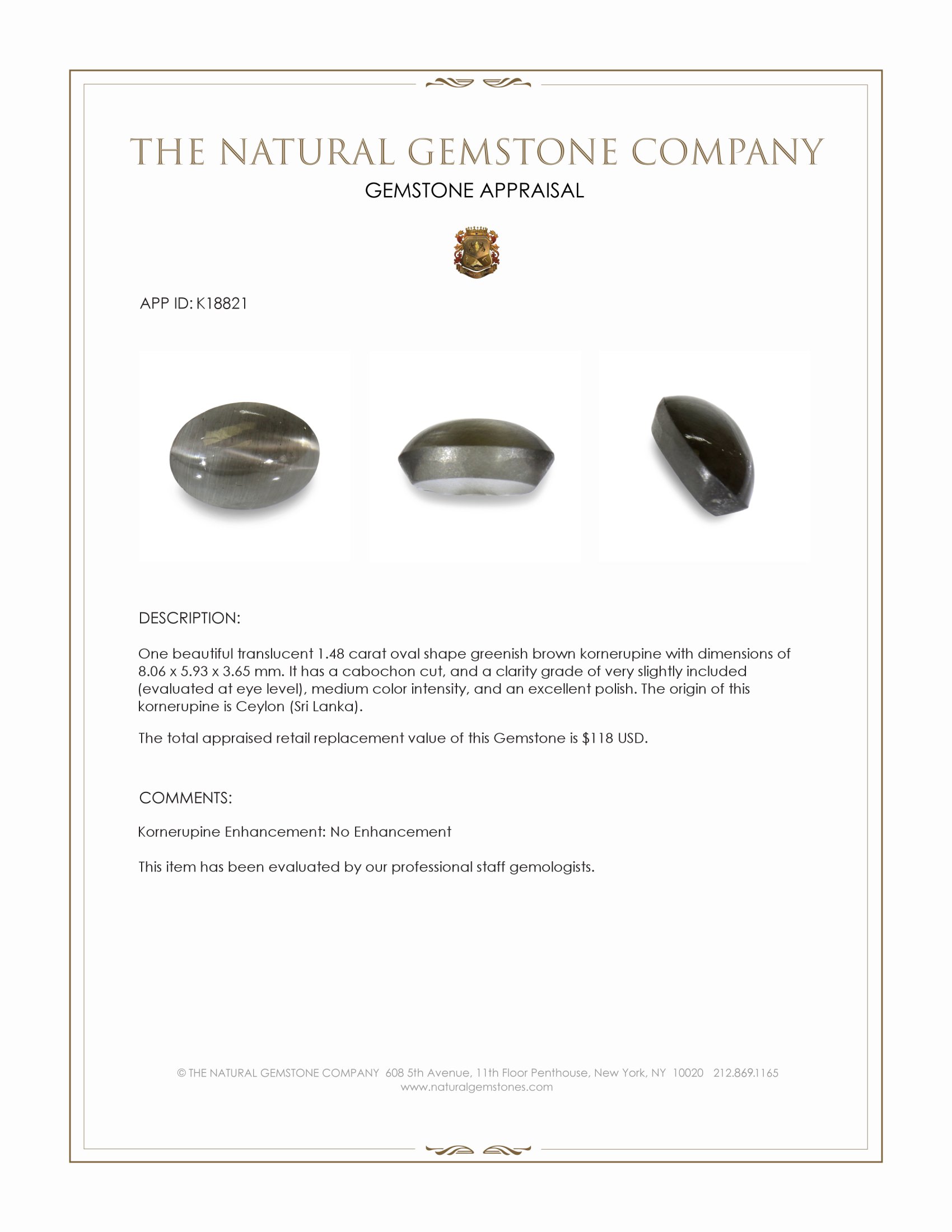 1.48 Ct. Greenish Brown Cabochon Kornerupine from Ceylon (Sri Lanka)