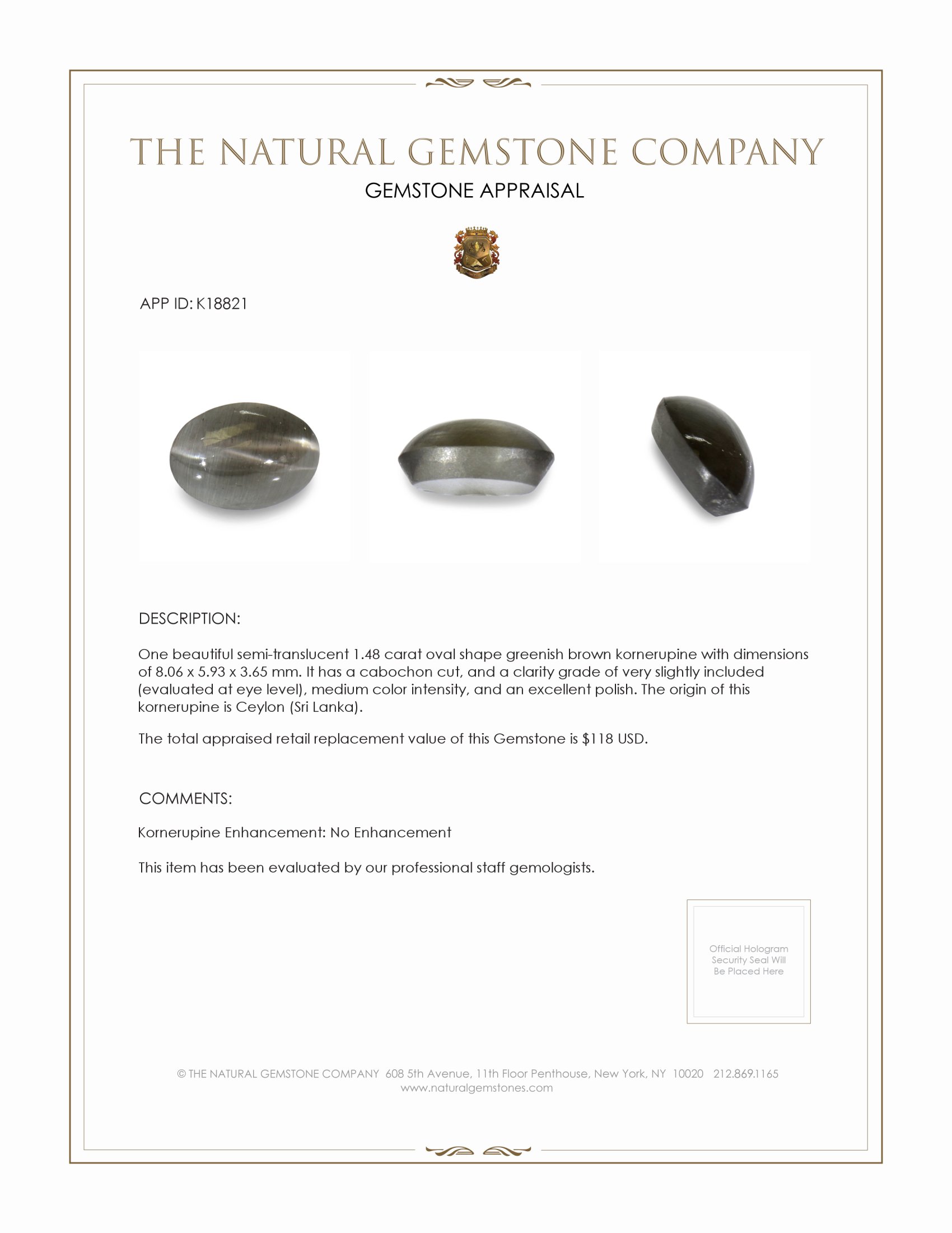 1.48 Ct. Cabochon Kornerupine from Ceylon (Sri Lanka)