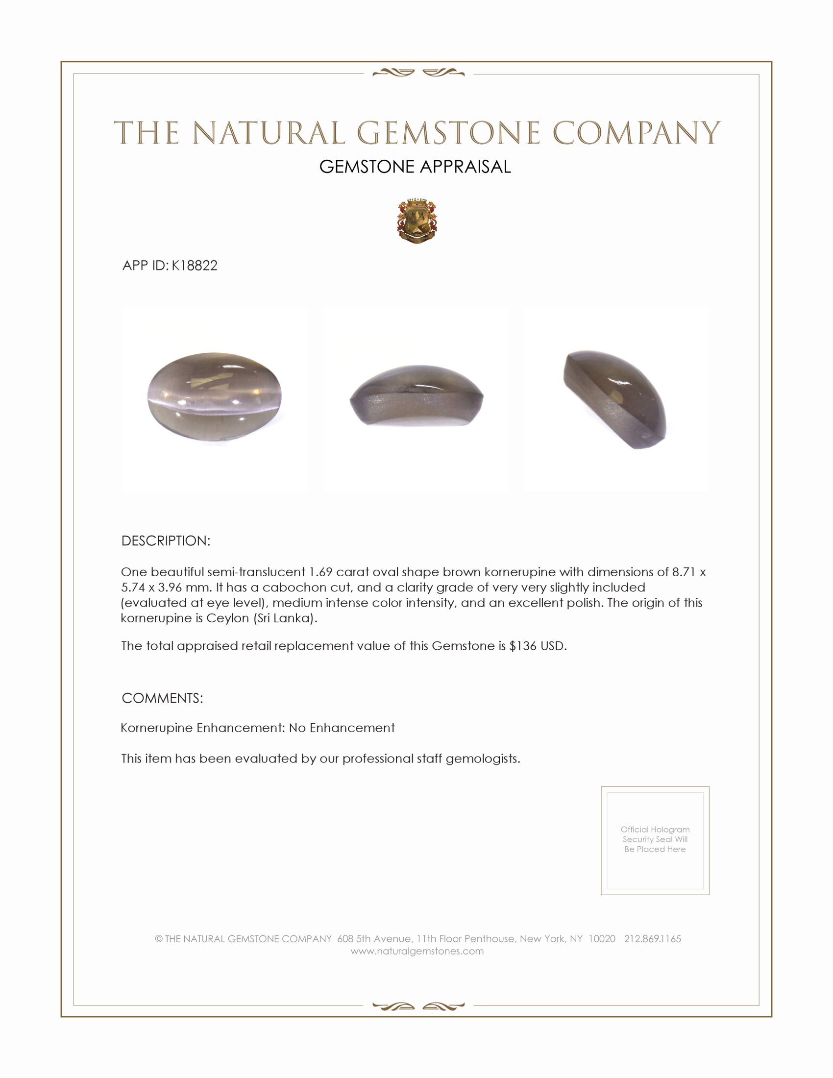 1.69 Ct. Cabochon Kornerupine from Ceylon (Sri Lanka)