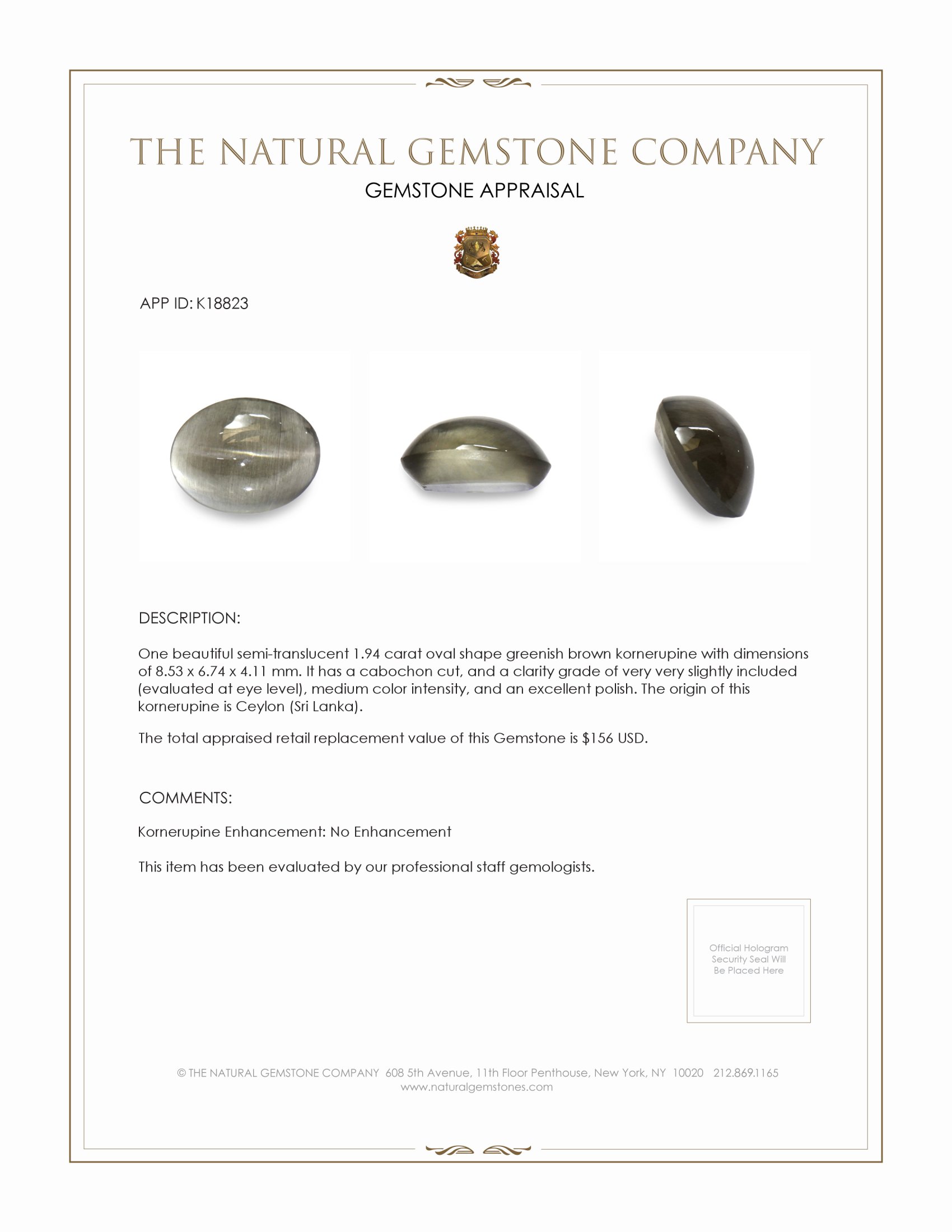 1.94 Ct. Greenish Brown Cabochon Kornerupine from Ceylon (Sri Lanka)