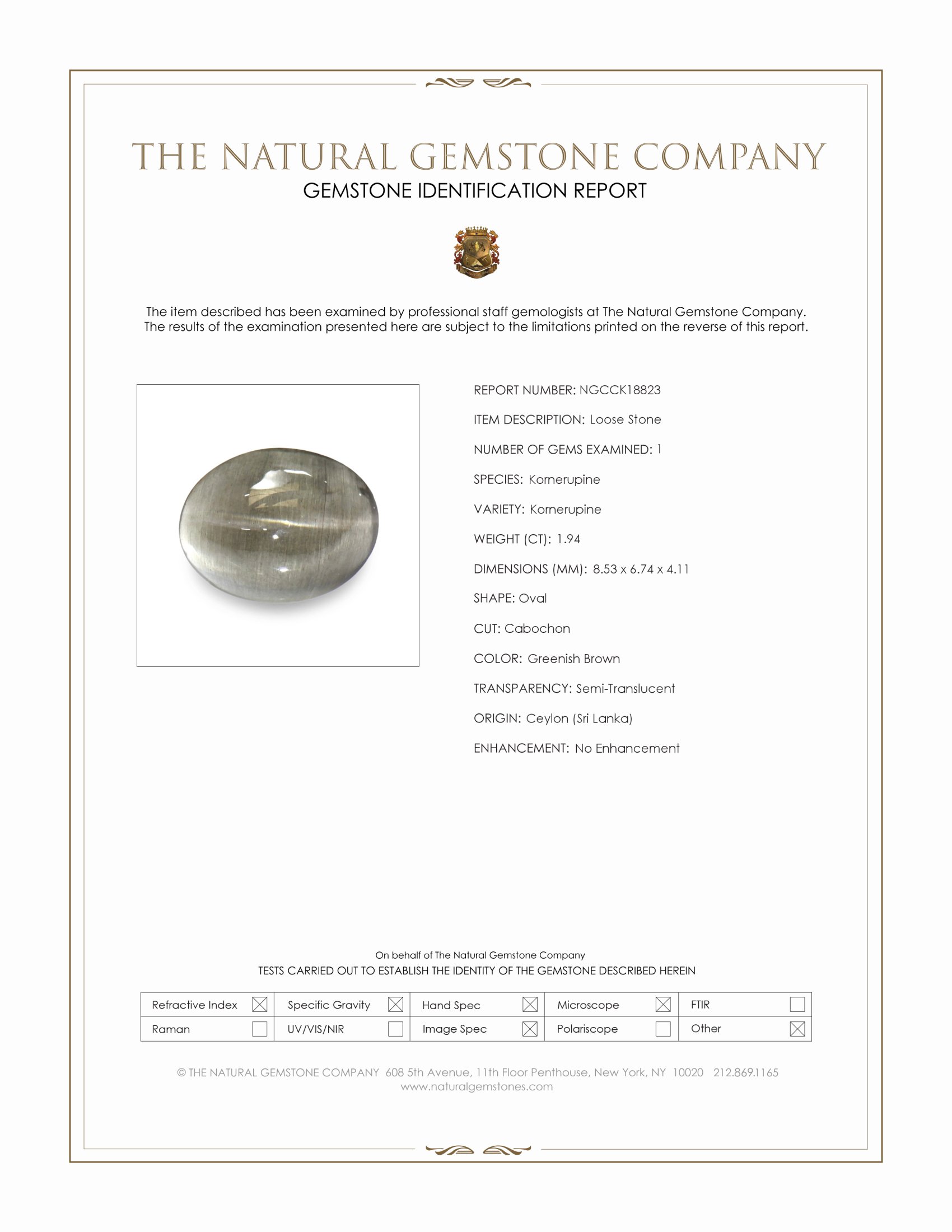 1.94 Ct. Greenish Brown Cabochon Kornerupine from Ceylon (Sri Lanka)