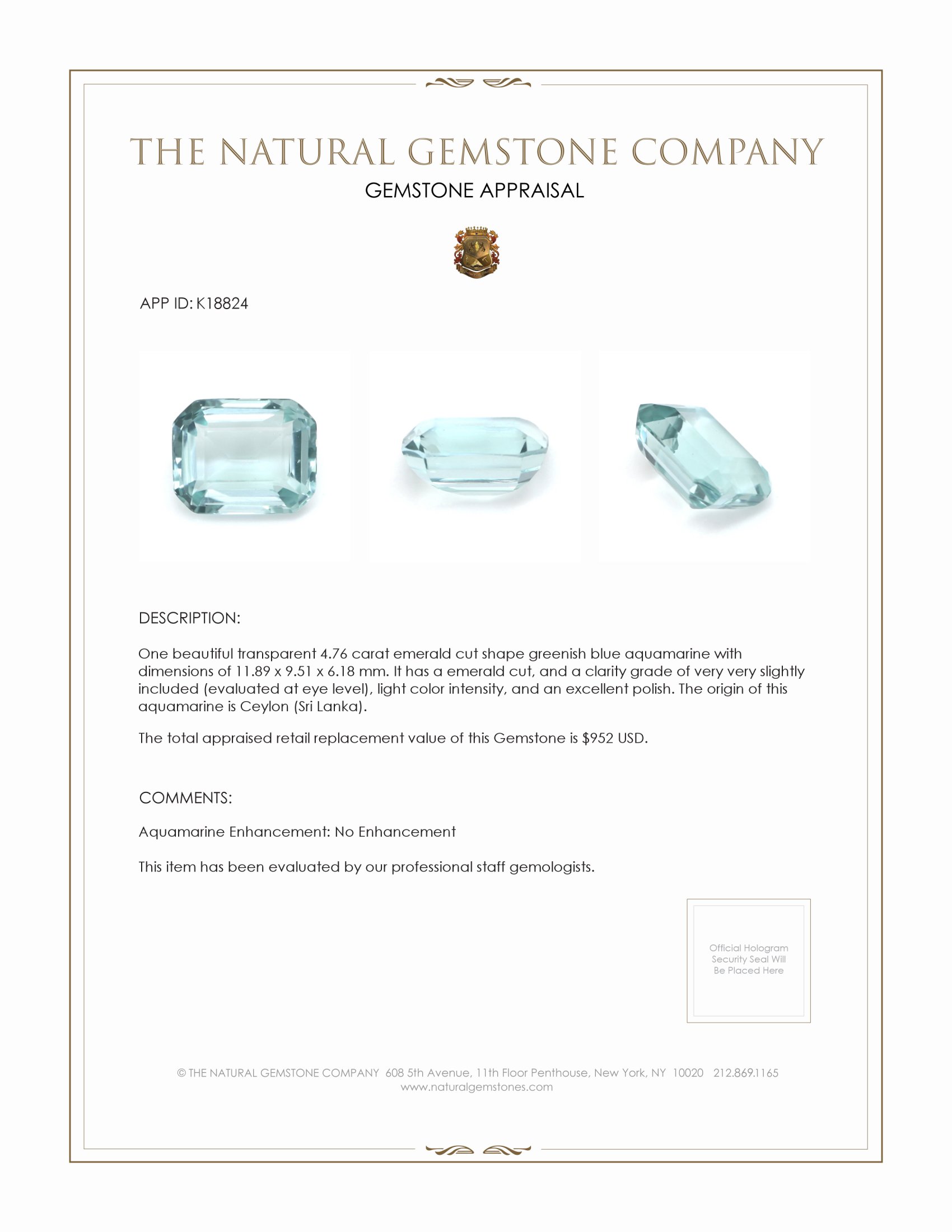 4.76 Ct. Aquamarine from Ceylon (Sri Lanka)