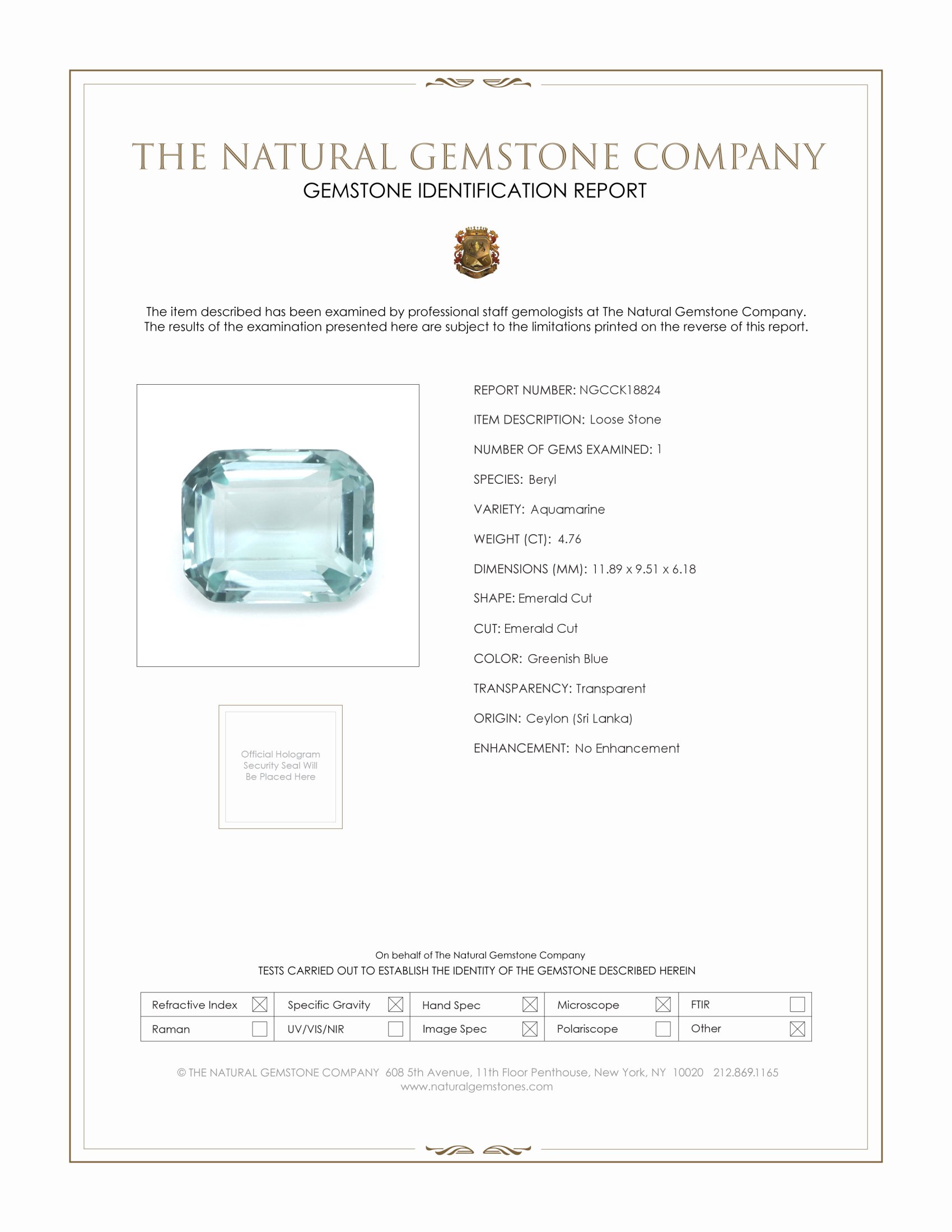 4.76 Ct. Greenish Blue Aquamarine from Ceylon (Sri Lanka)