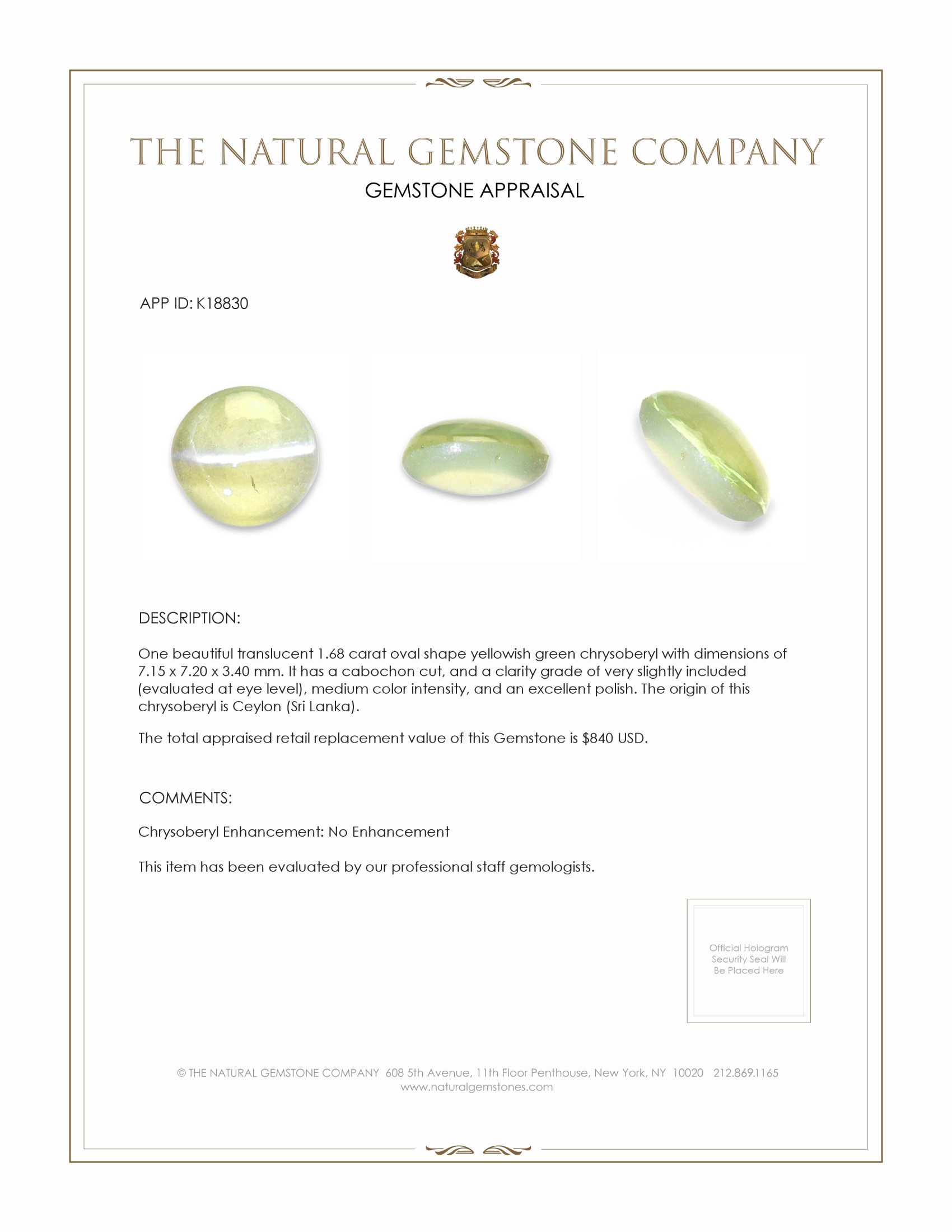 1.68 Ct. Cabochon Chrysoberyl from Ceylon (Sri Lanka)