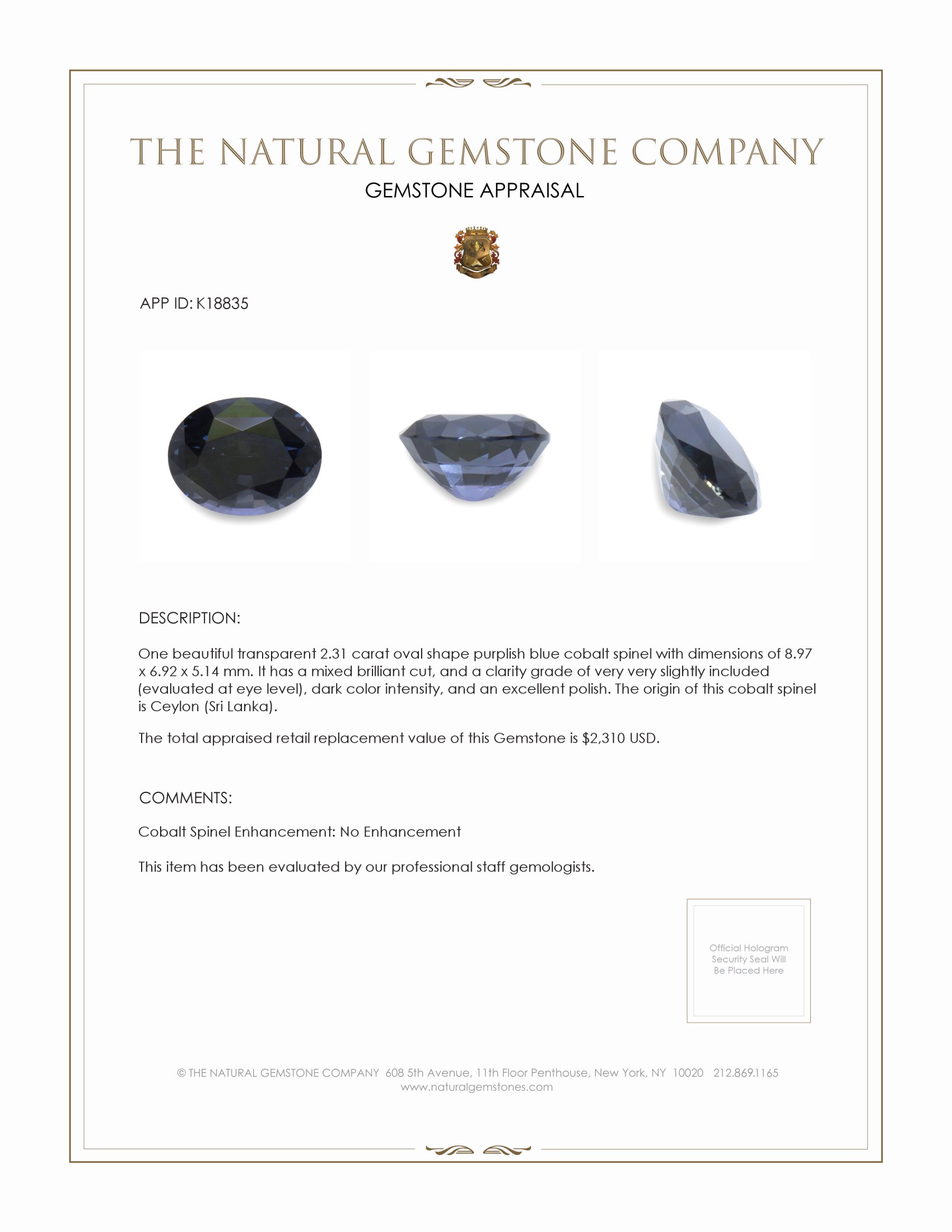 2.31 Ct. Purplish Blue Cobalt Spinel from Ceylon (Sri Lanka)