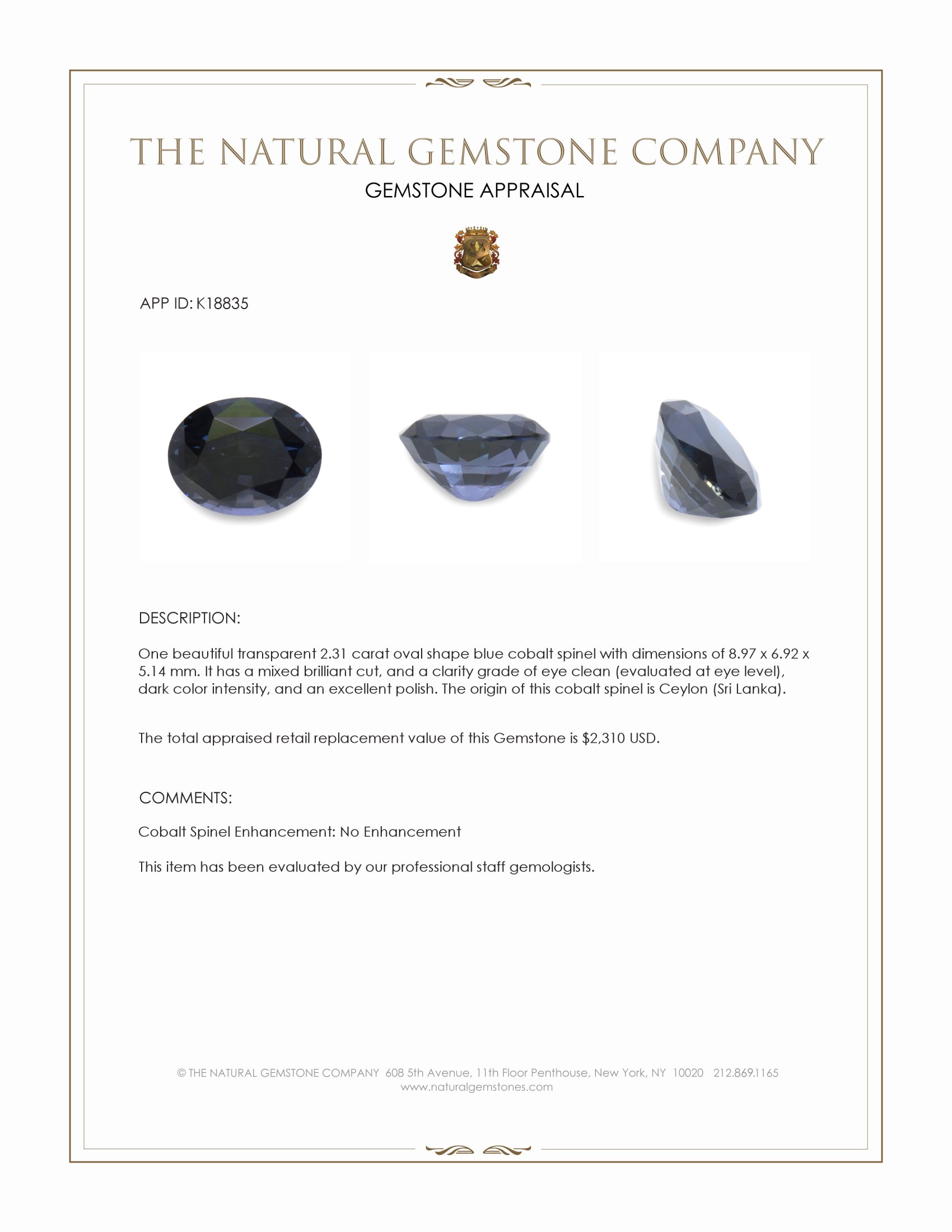 2.31 Ct. Blue Cobalt Spinel from Ceylon (Sri Lanka)