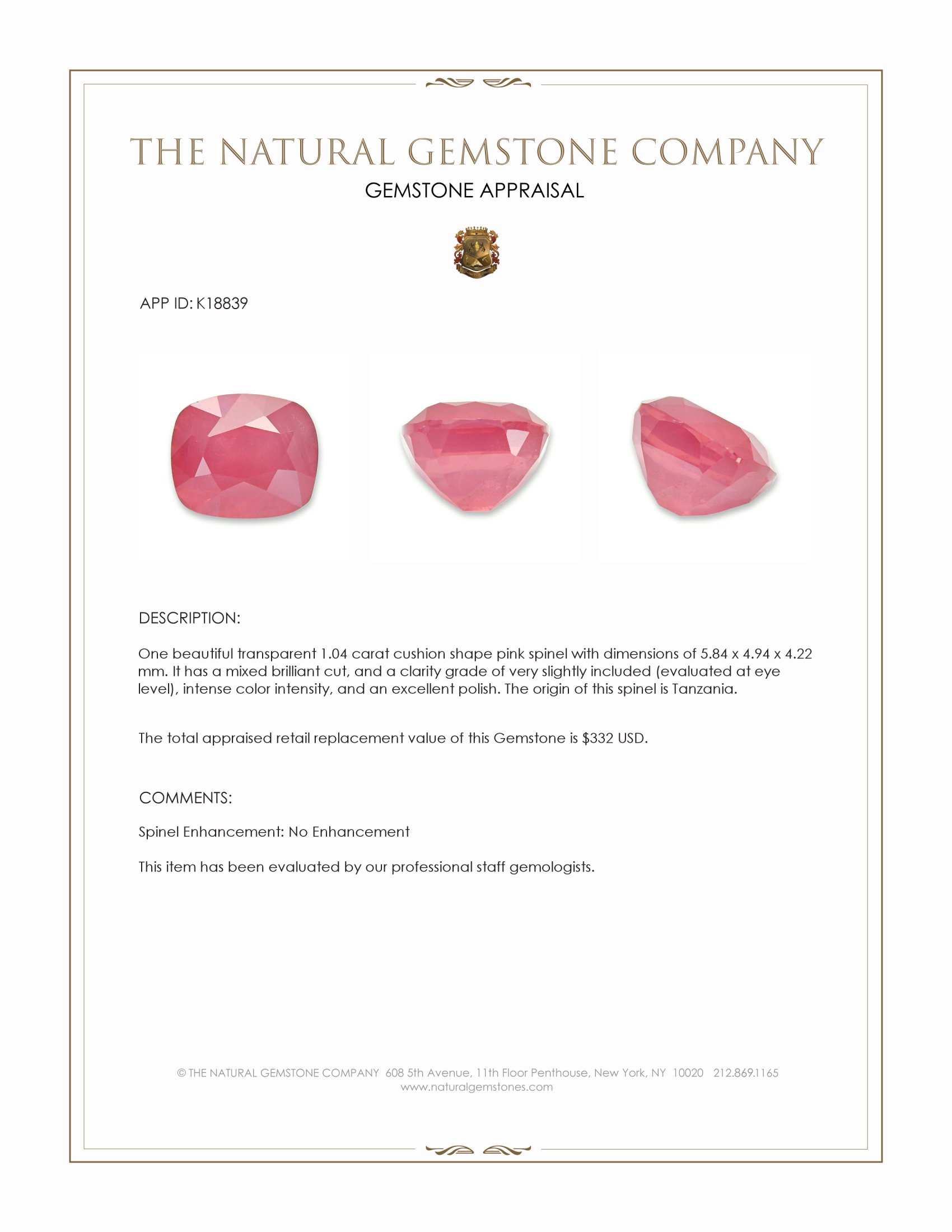 1.04 Ct. Pink Spinel from Tanzania