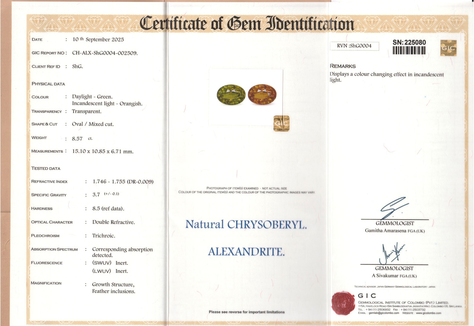 8.57 Ct. Alexandrite from Ceylon (Sri Lanka)