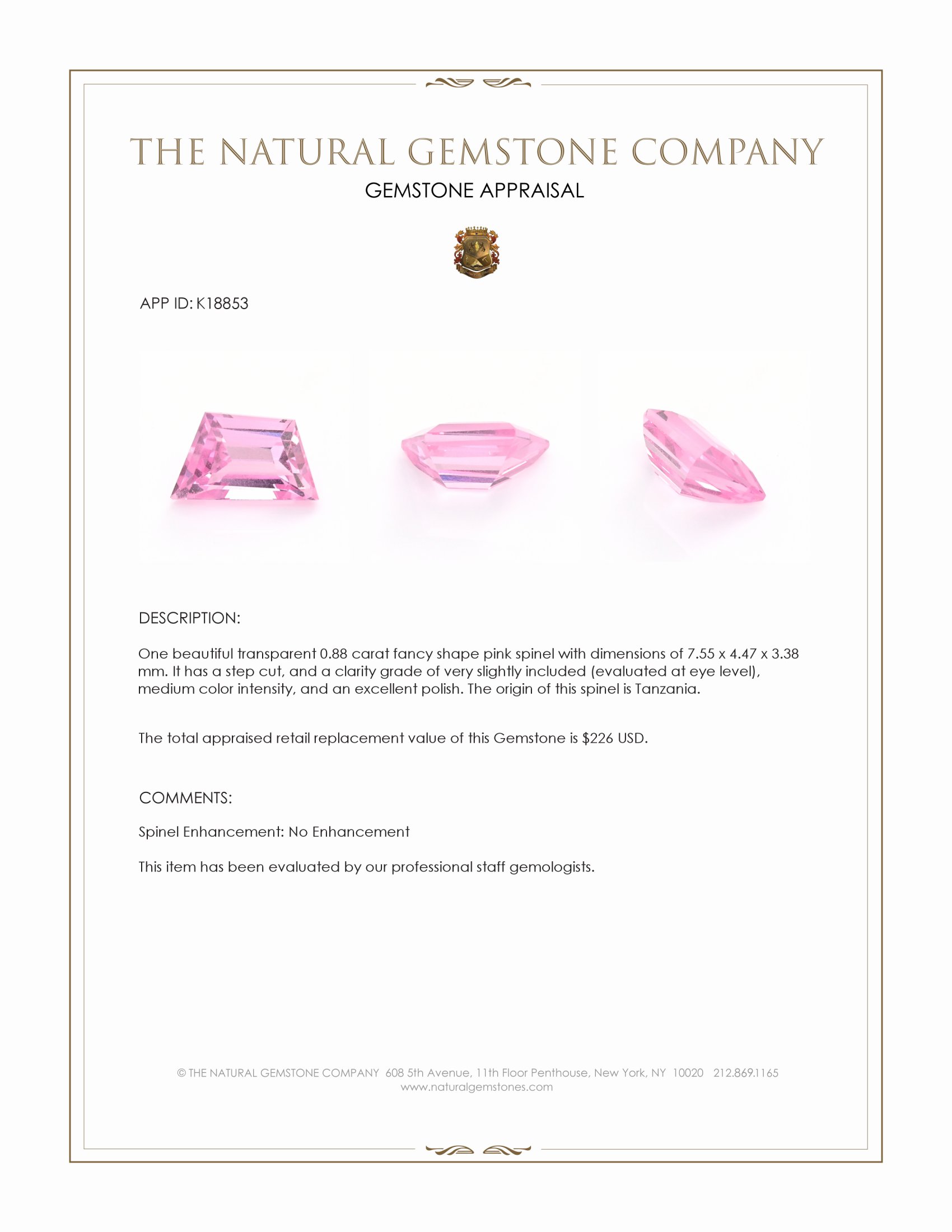 0.88 Ct. Pink Spinel from Tanzania